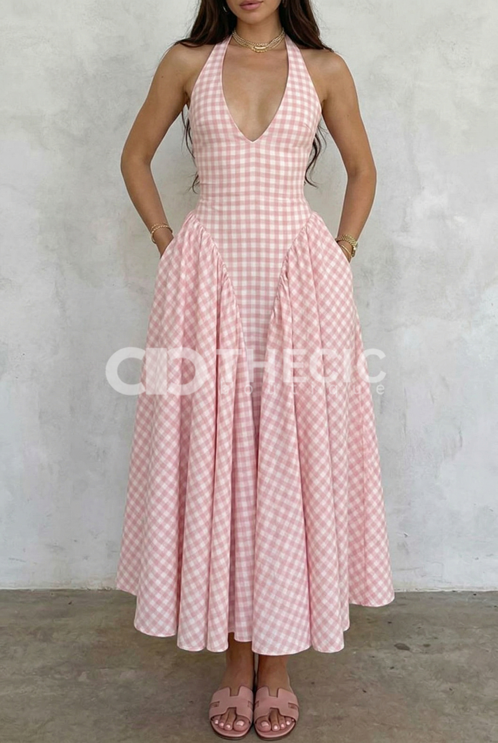 Gingham Print Halter Neck Pleated Midi Dress