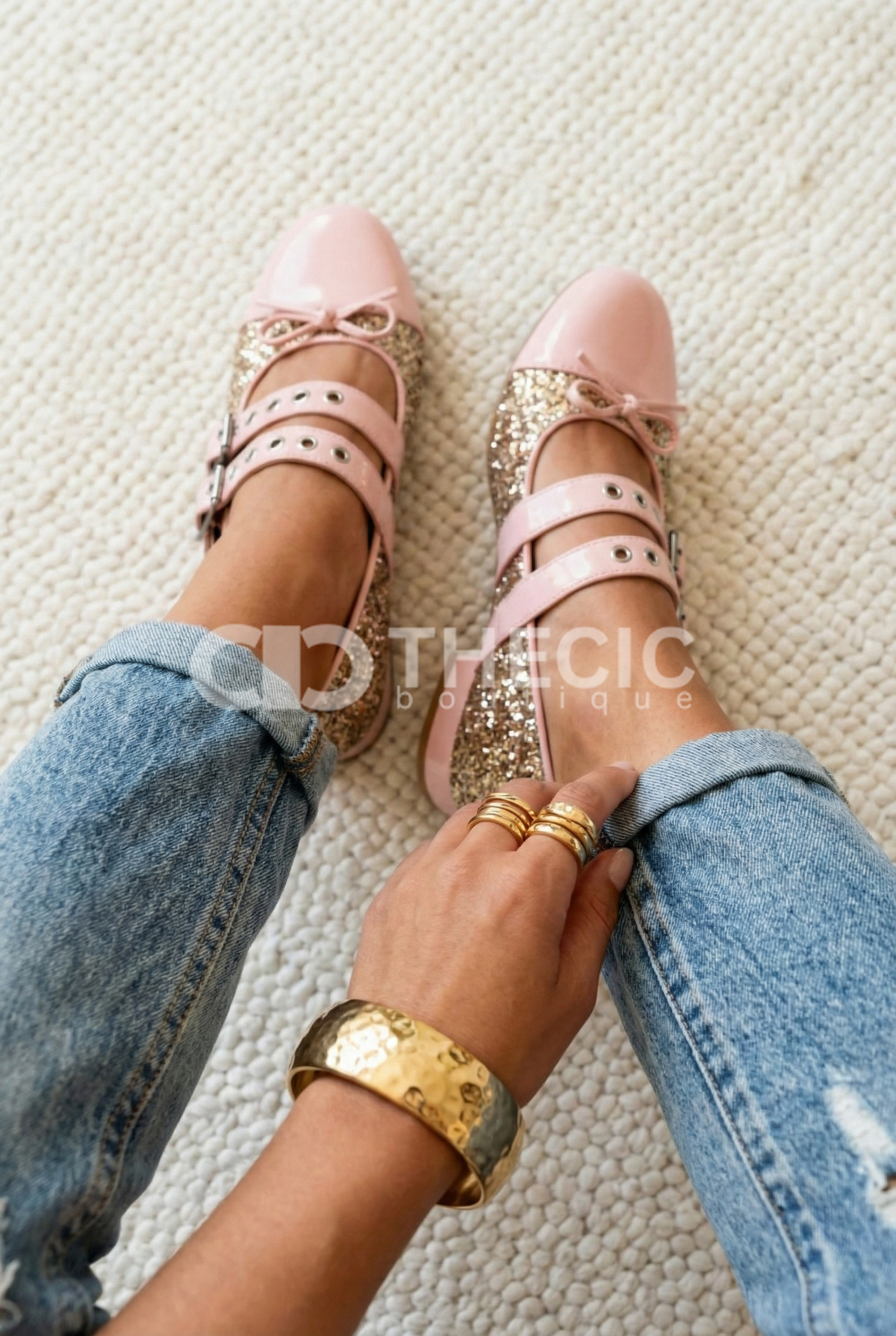 Glitter Double Strap Mary Jane Ballet Flats