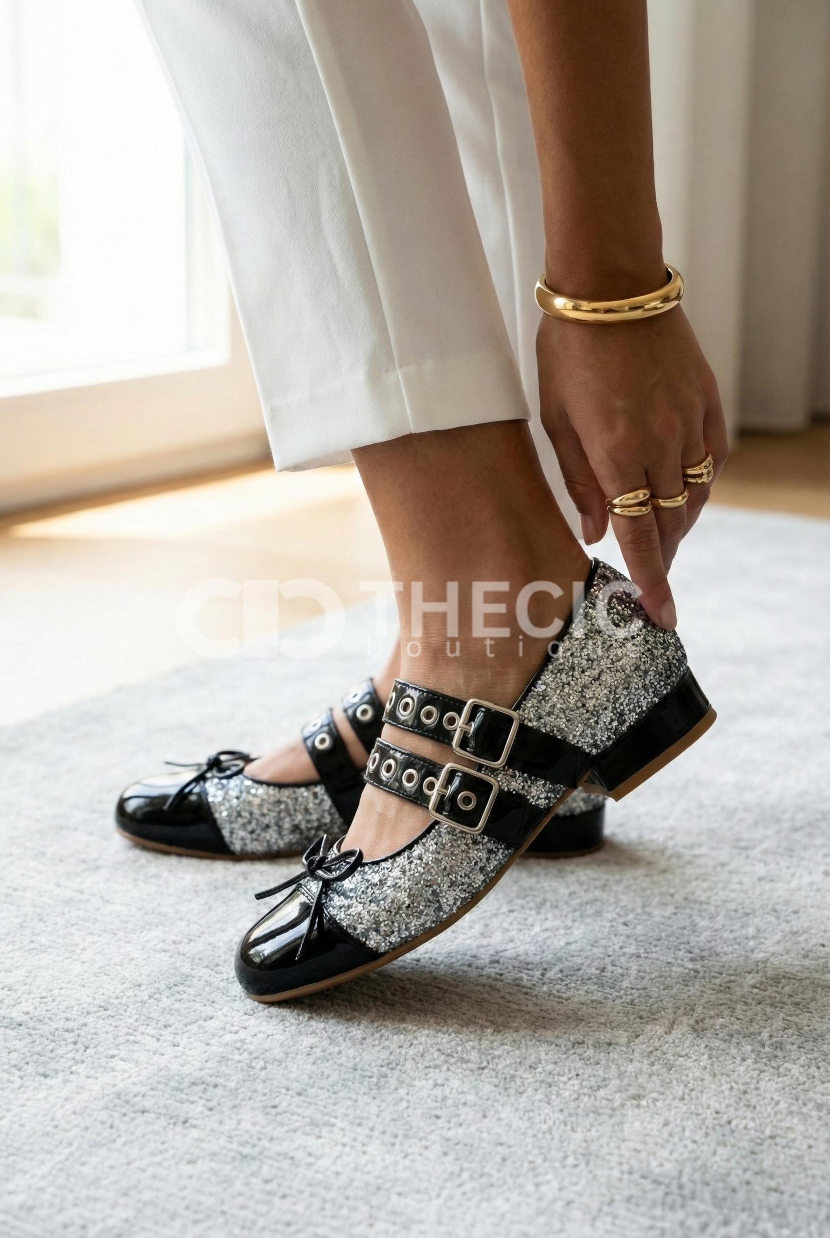 Glitter Double Strap Mary Jane Ballet Flats