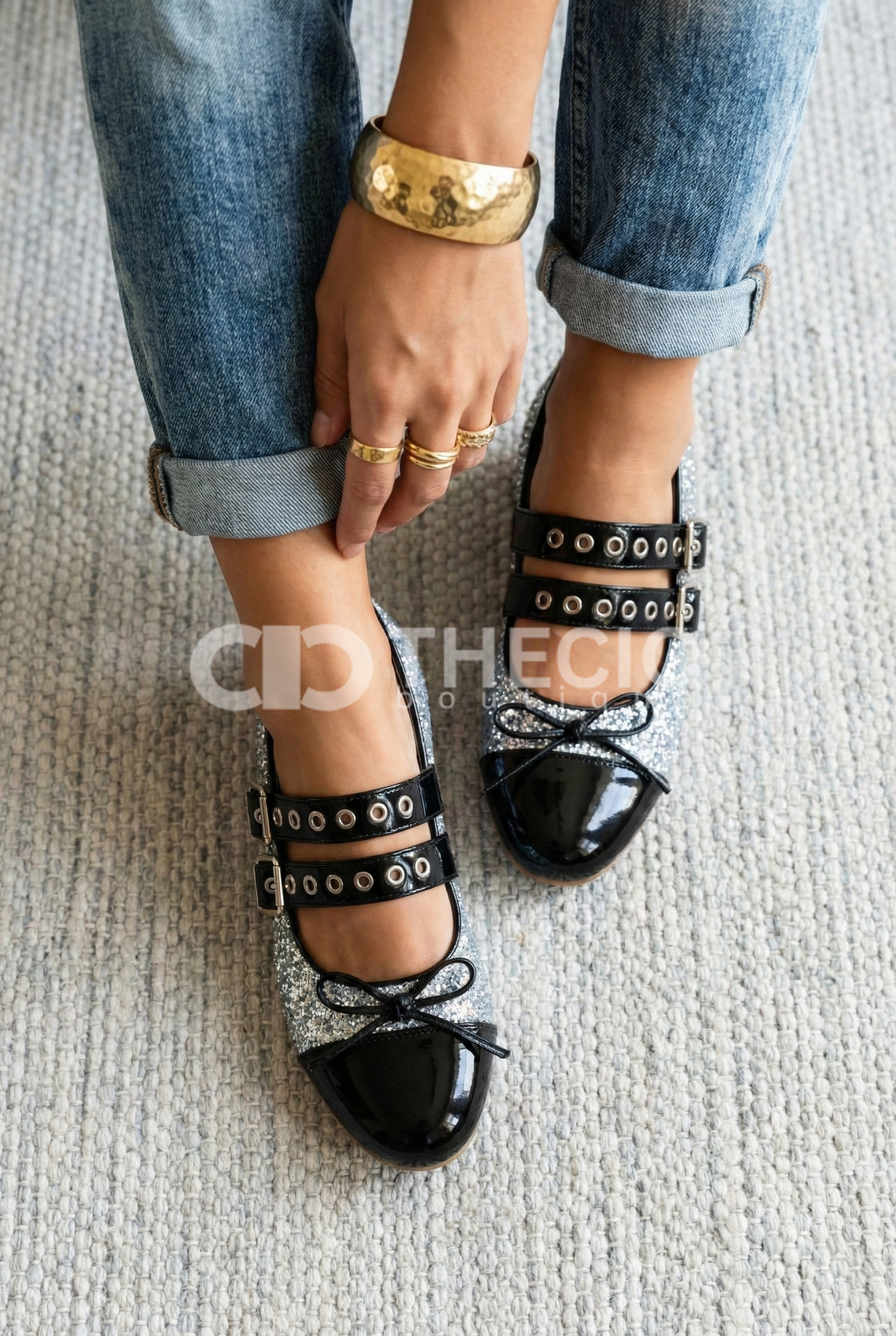 Glitter Double Strap Mary Jane Ballet Flats