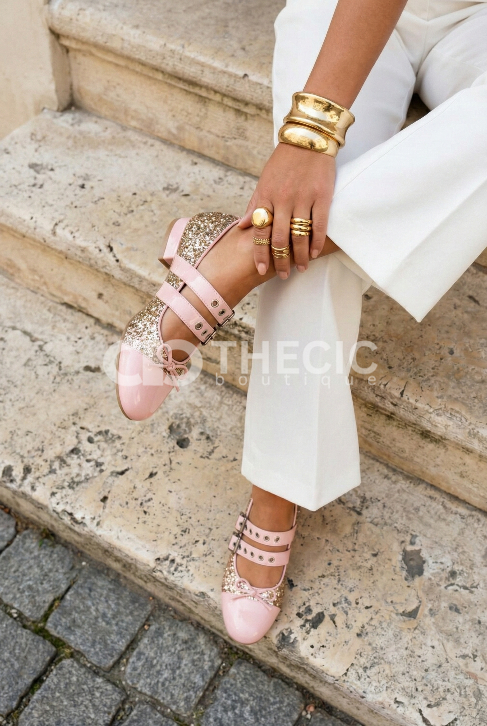 Glitter Double Strap Mary Jane Ballet Flats