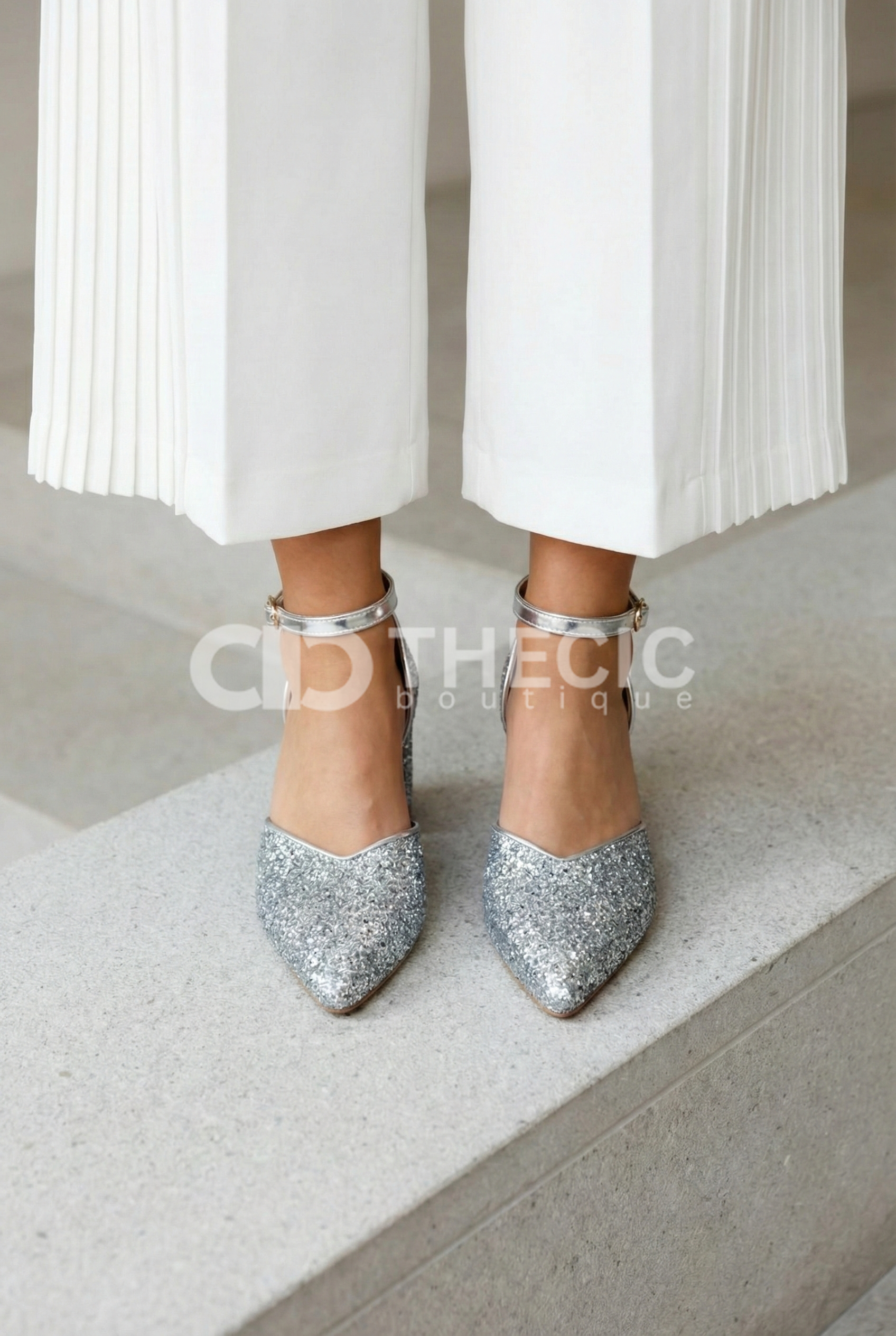 Glitter Pointed-Toe Ankle-Strap Block Heel Pumps