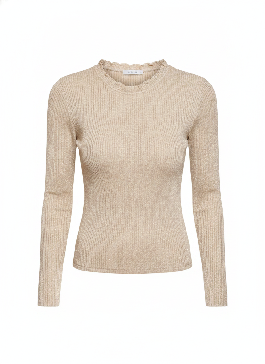 Glitter Sparkle Ribbed Knit Ruffled Crewneck Top
