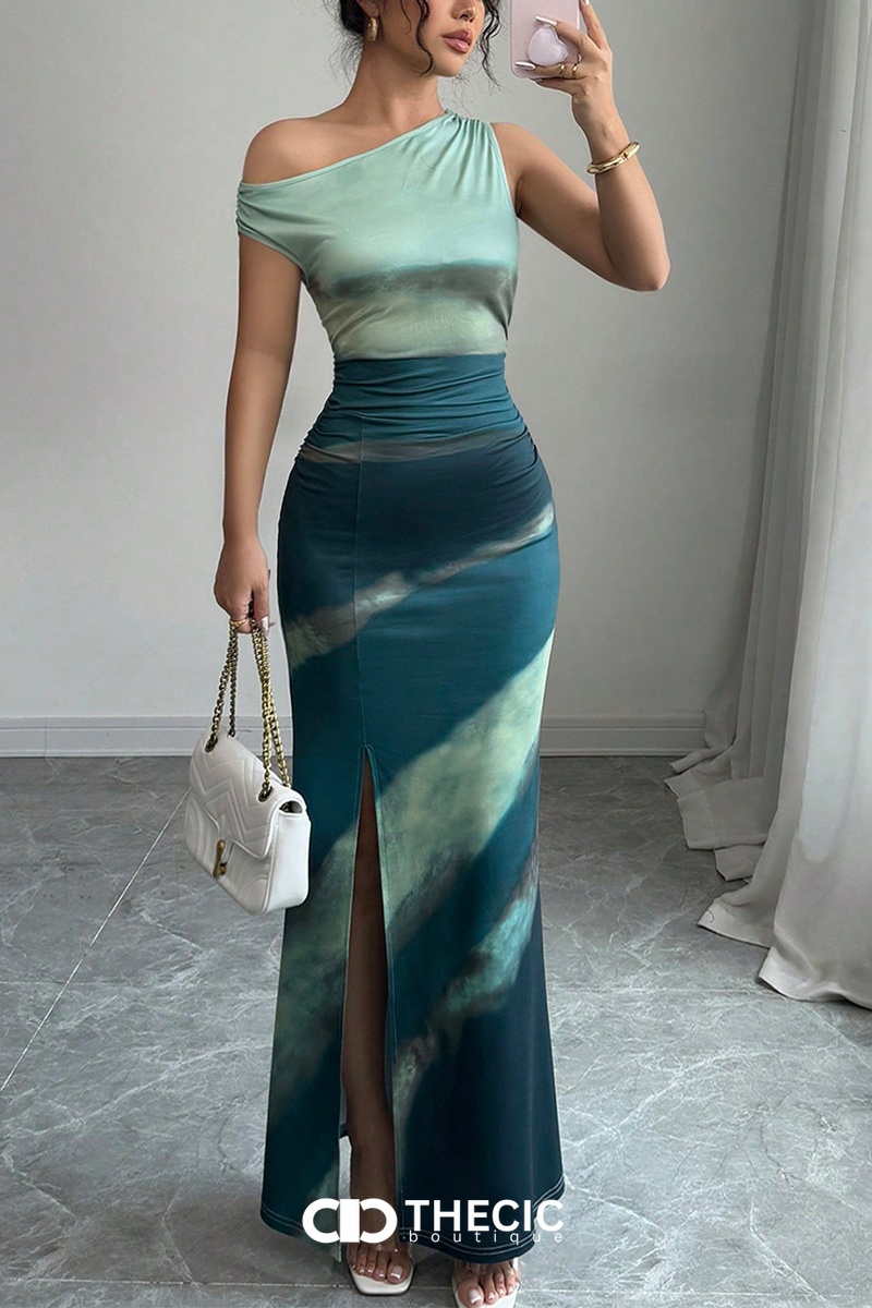 Gradient One-Shoulder Ruched Slit Maxi Dress
