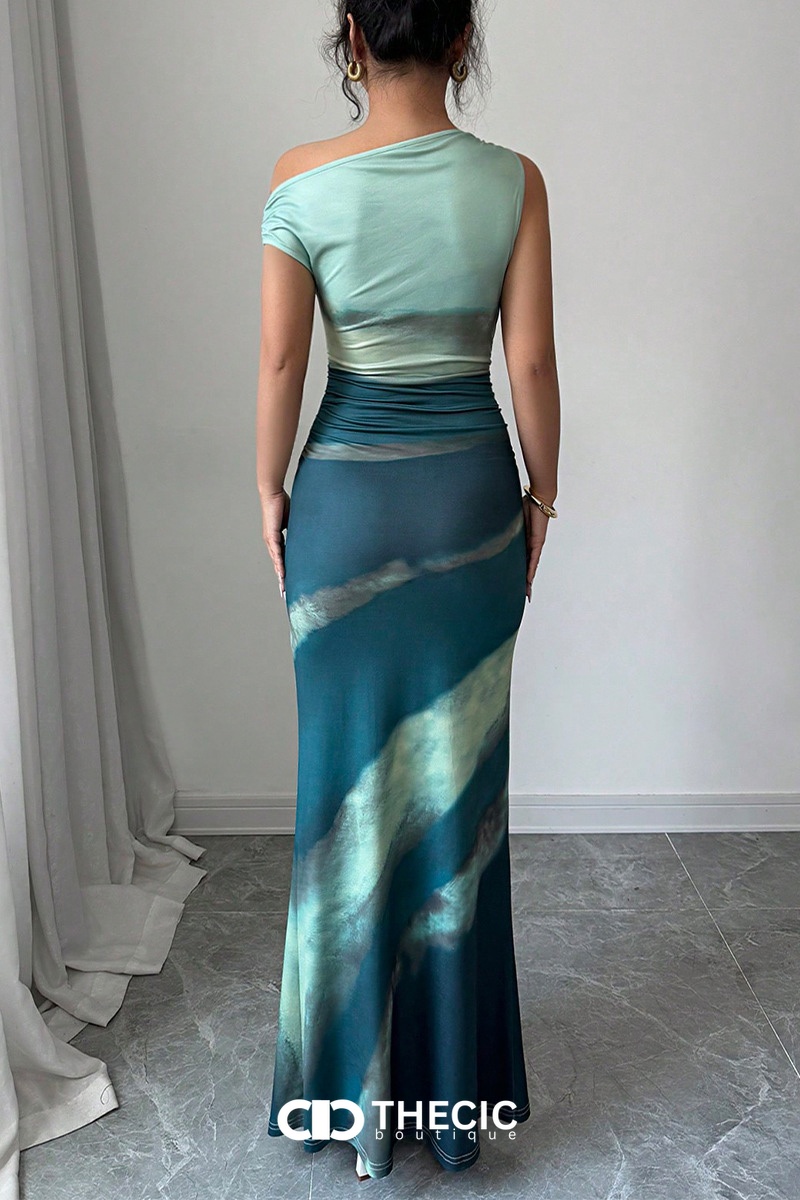 Gradient One-Shoulder Ruched Slit Maxi Dress