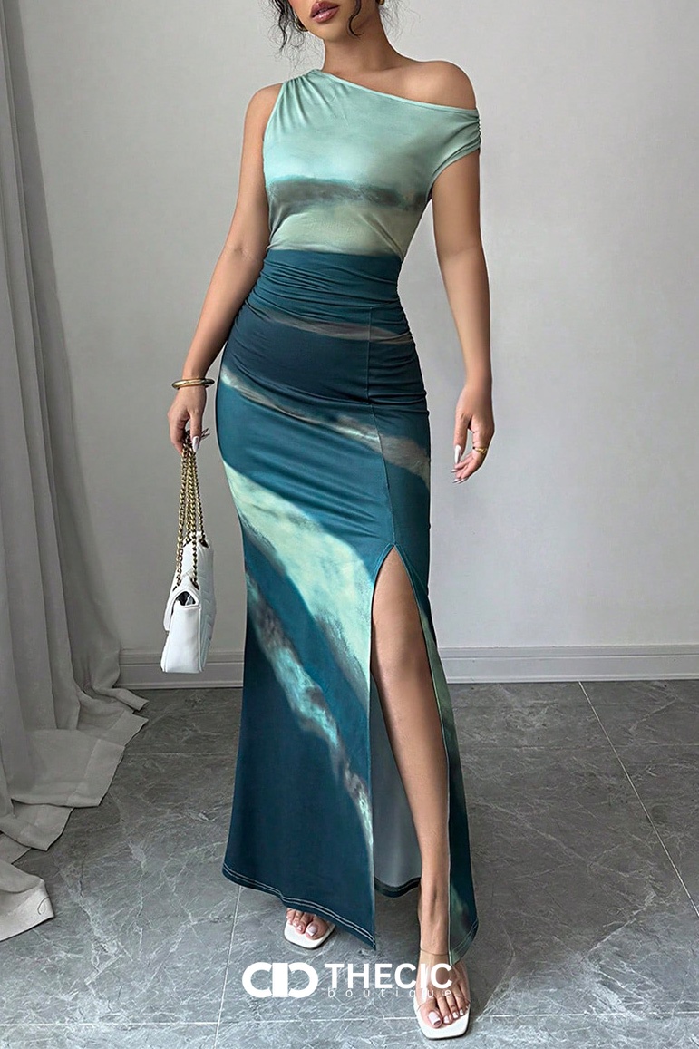 Gradient One-Shoulder Ruched Slit Maxi Dress
