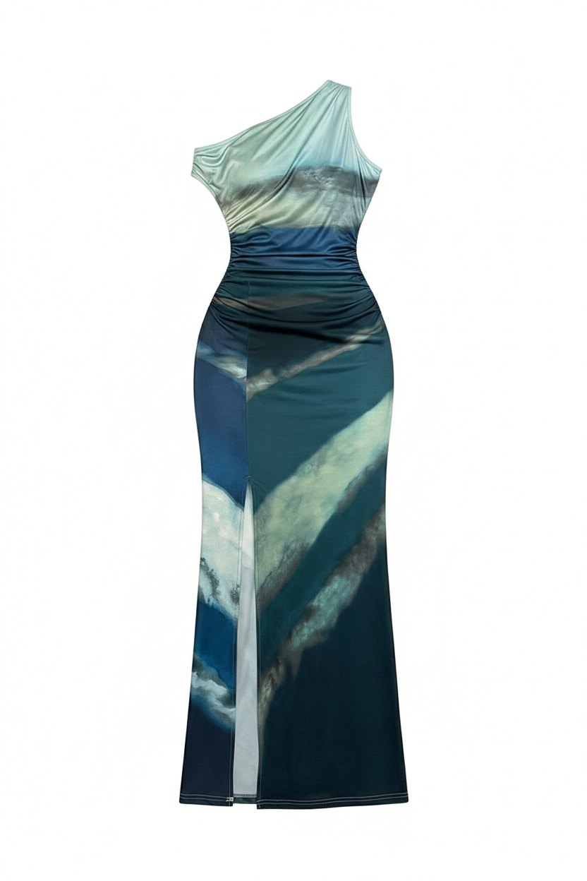 Gradient One-Shoulder Ruched Slit Maxi Dress