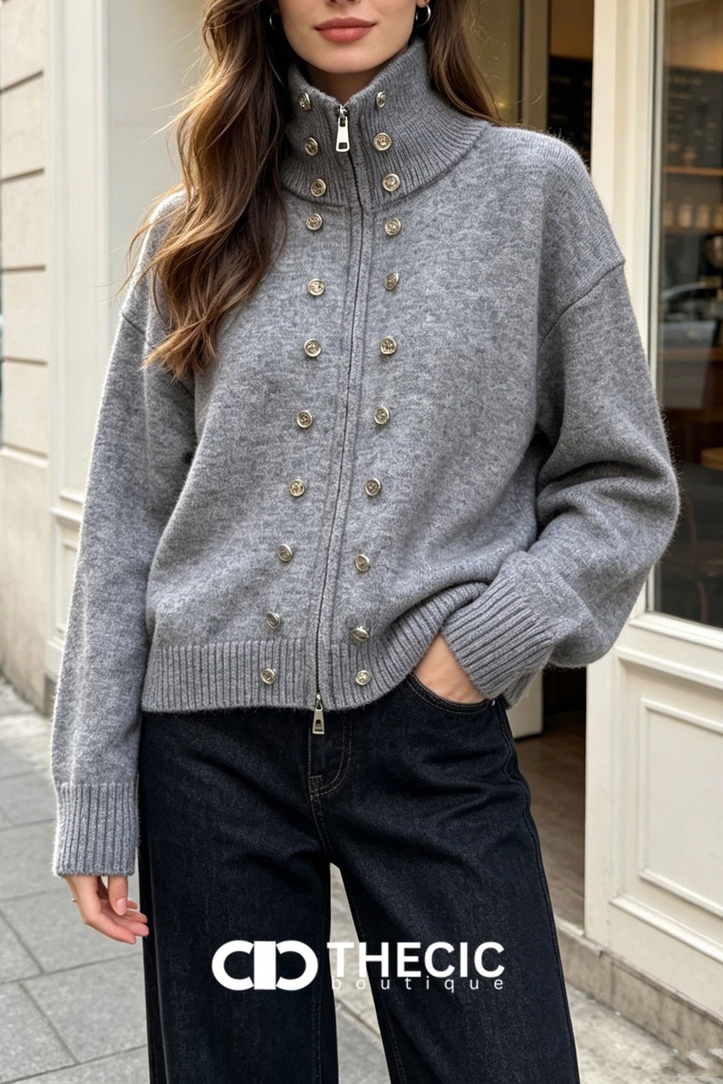 Mock Neck Button Detail Zip-Up Knit Cardigan