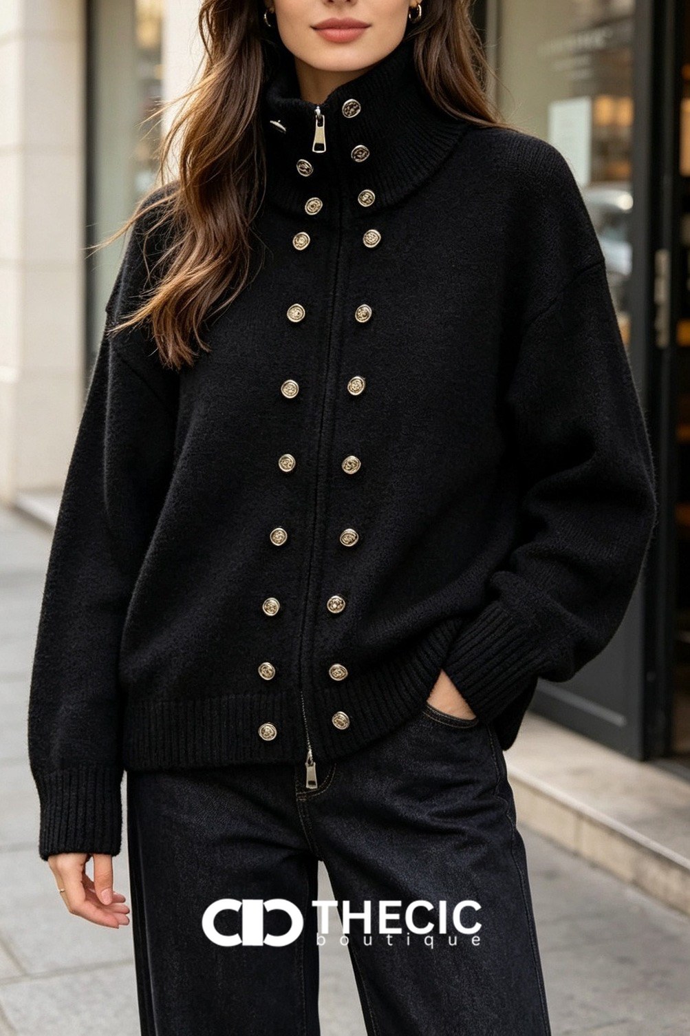 Mock Neck Button Detail Zip-Up Knit Cardigan