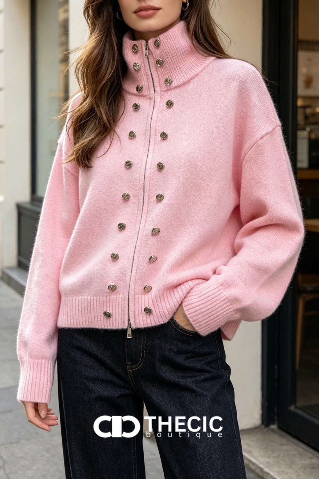 Mock Neck Button Detail Zip-Up Knit Cardigan