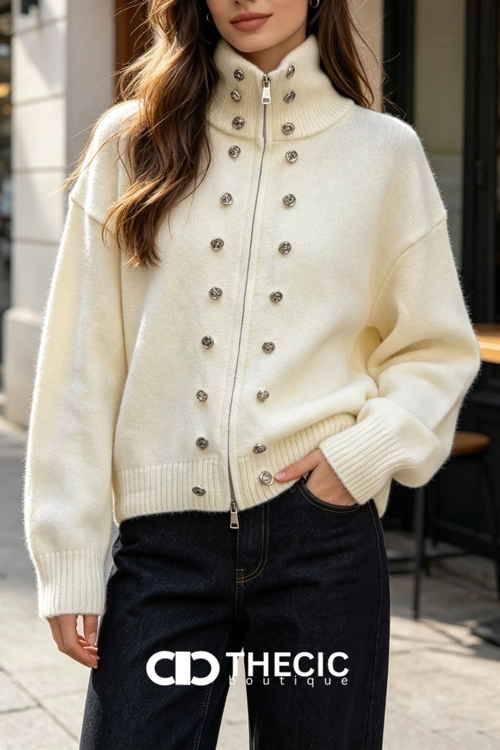 Mock Neck Button Detail Zip-Up Knit Cardigan