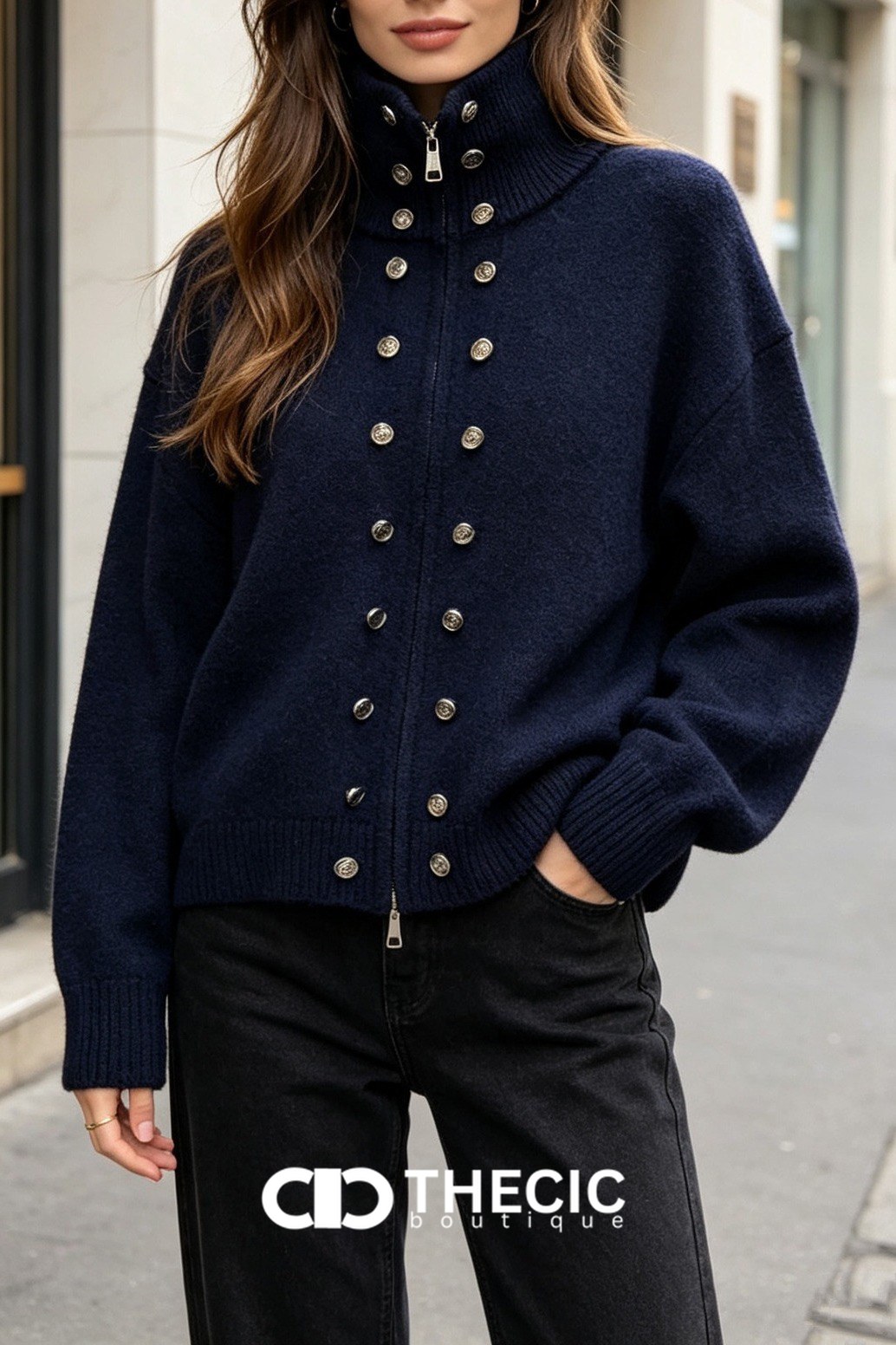 Mock Neck Button Detail Zip-Up Knit Cardigan