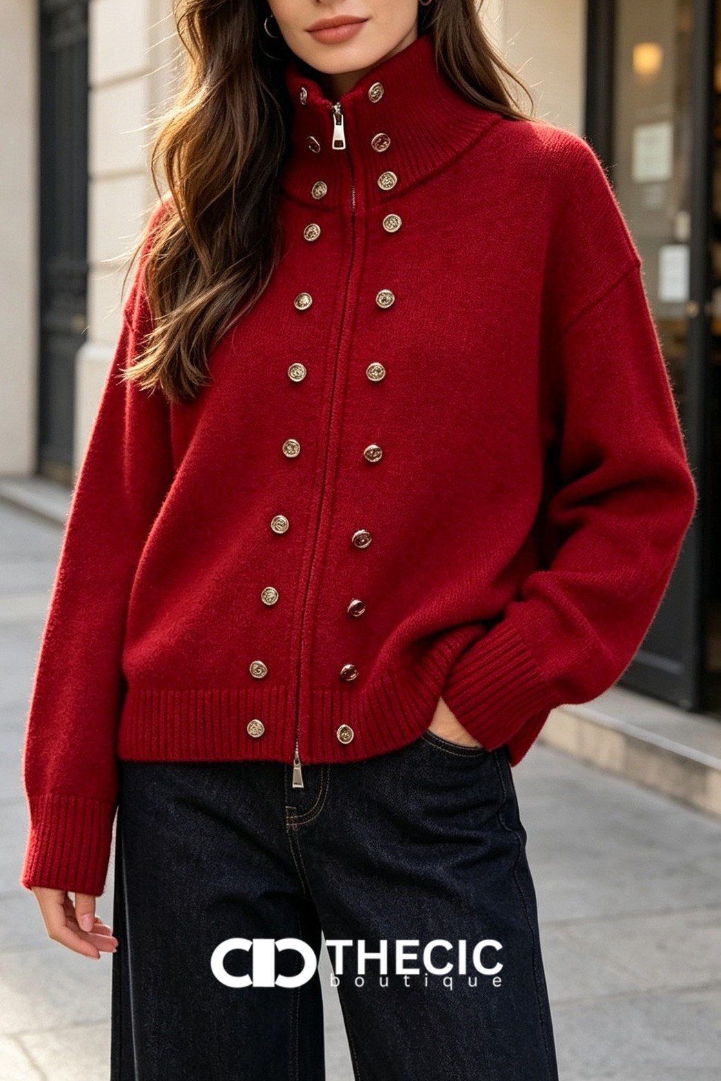 Mock Neck Button Detail Zip-Up Knit Cardigan