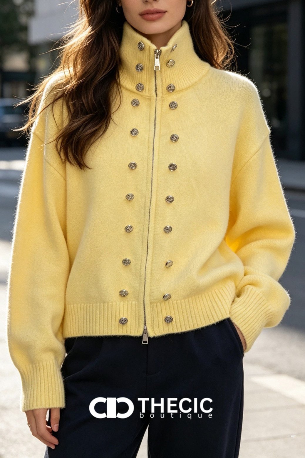 Mock Neck Button Detail Zip-Up Knit Cardigan