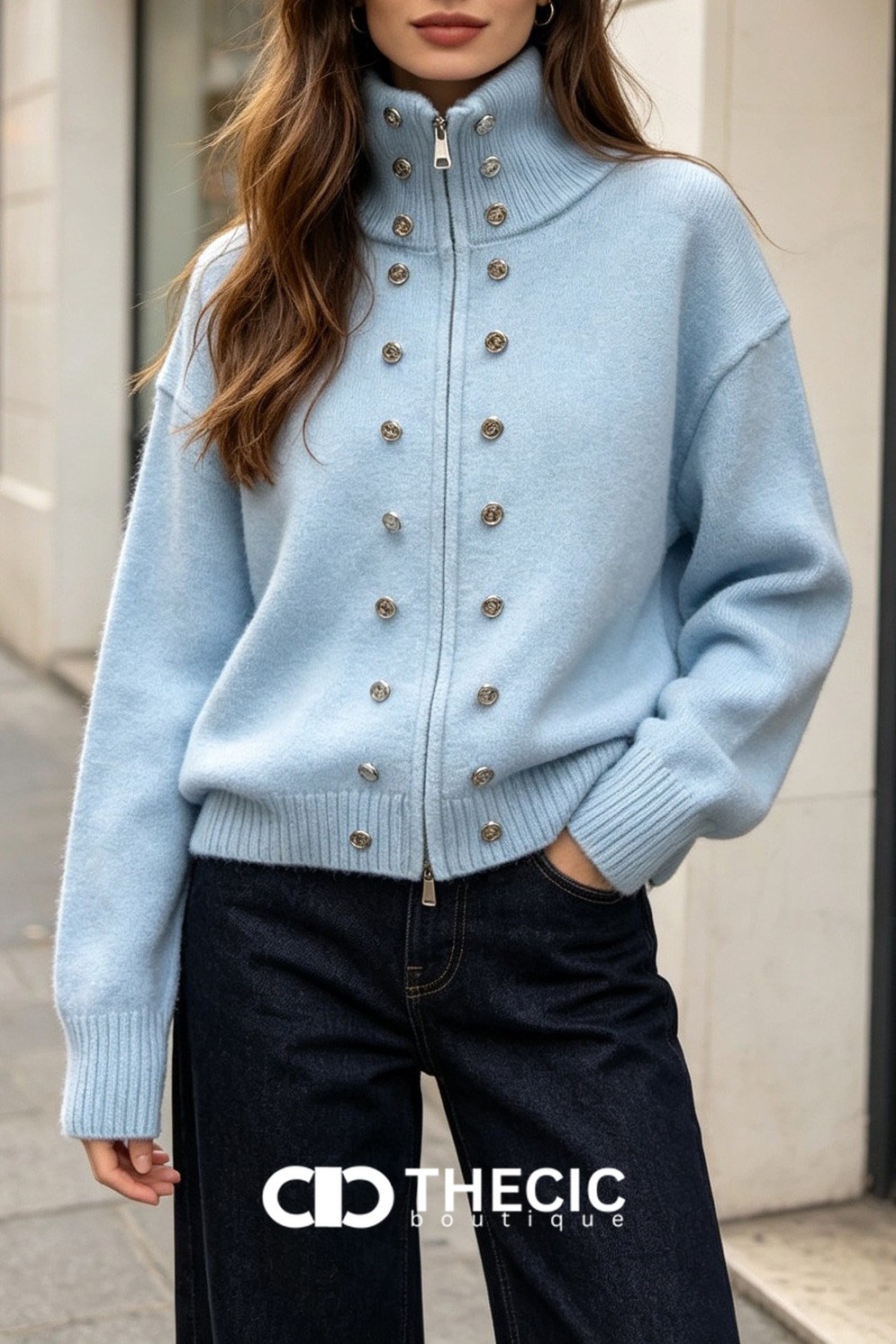 Mock Neck Button Detail Zip-Up Knit Cardigan