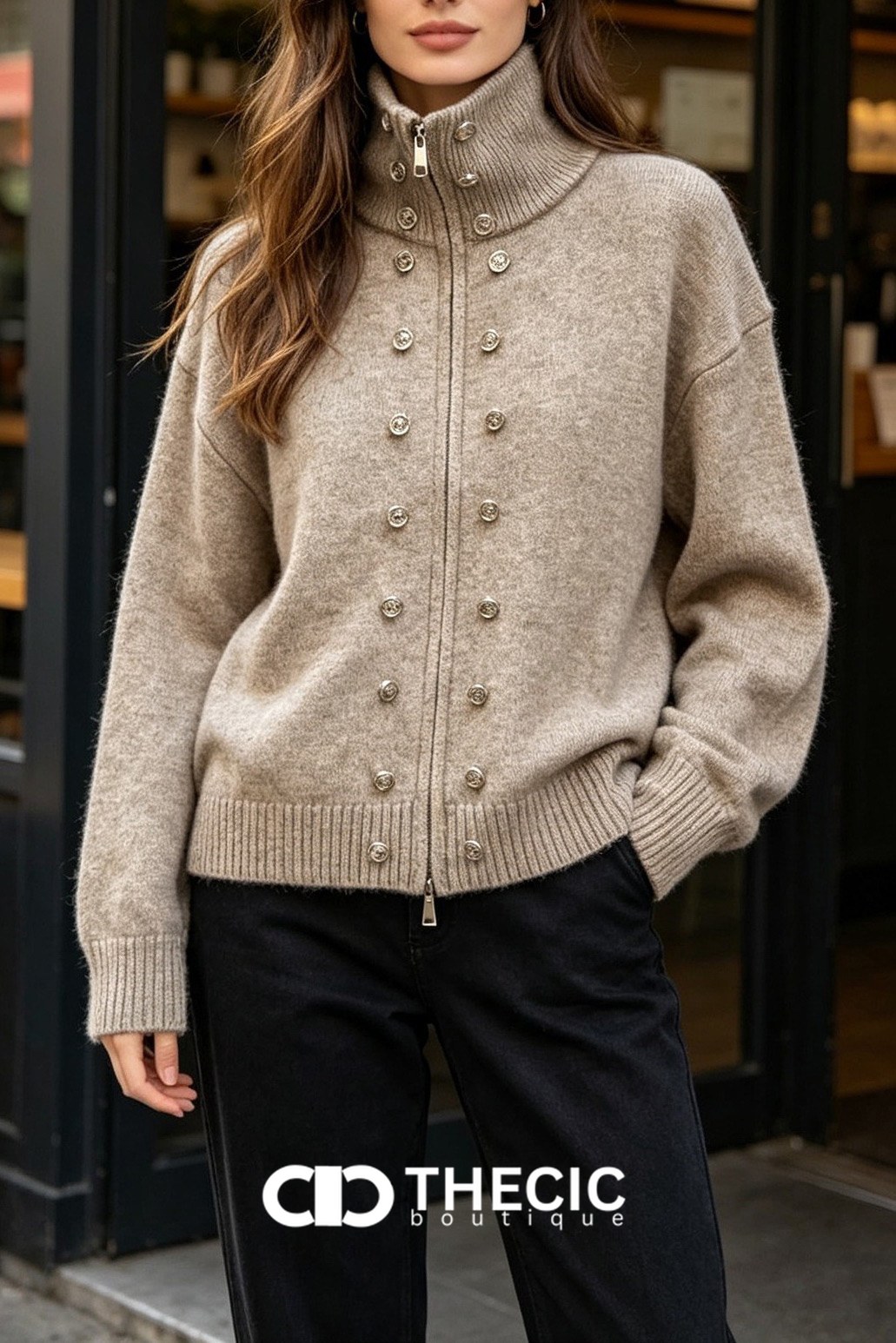 Mock Neck Button Detail Zip-Up Knit Cardigan