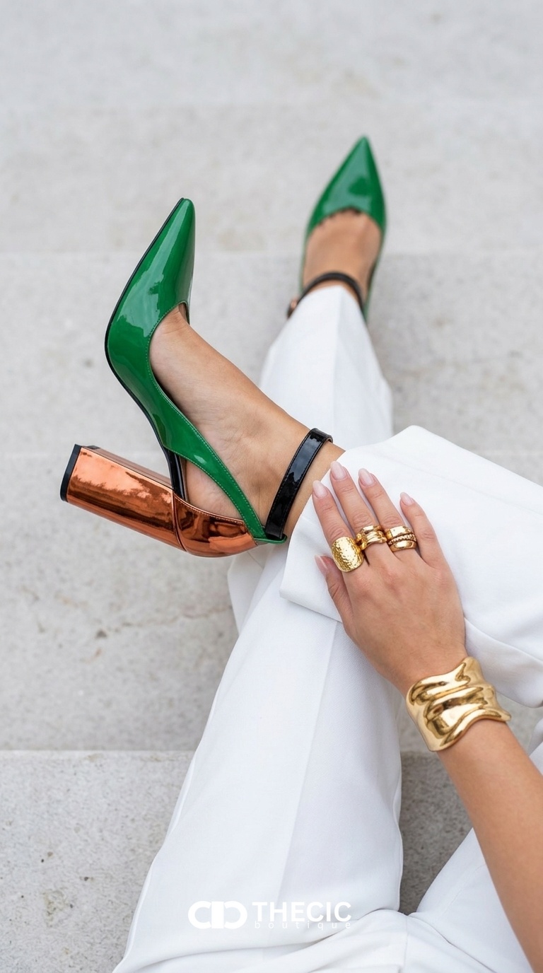 Green Patent Pointed-Toe Ankle Strap Block Heel Pumps