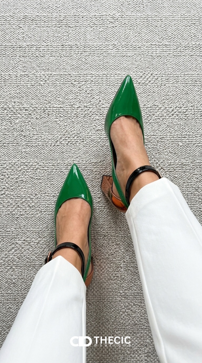 Green Patent Pointed-Toe Ankle Strap Block Heel Pumps