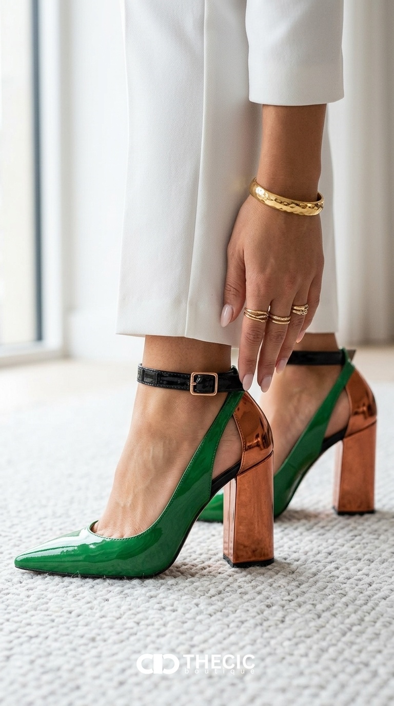 Green Patent Pointed-Toe Ankle Strap Block Heel Pumps