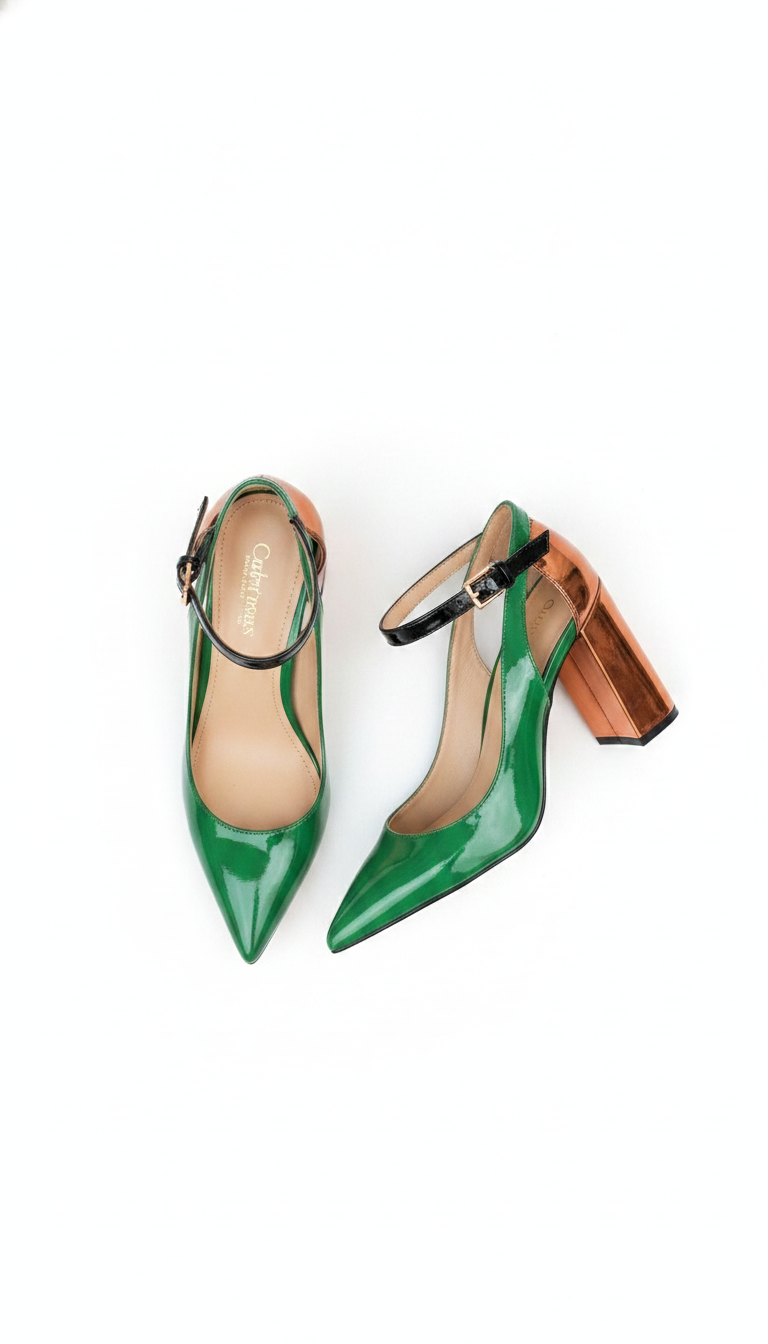 Green Patent Pointed-Toe Ankle Strap Block Heel Pumps