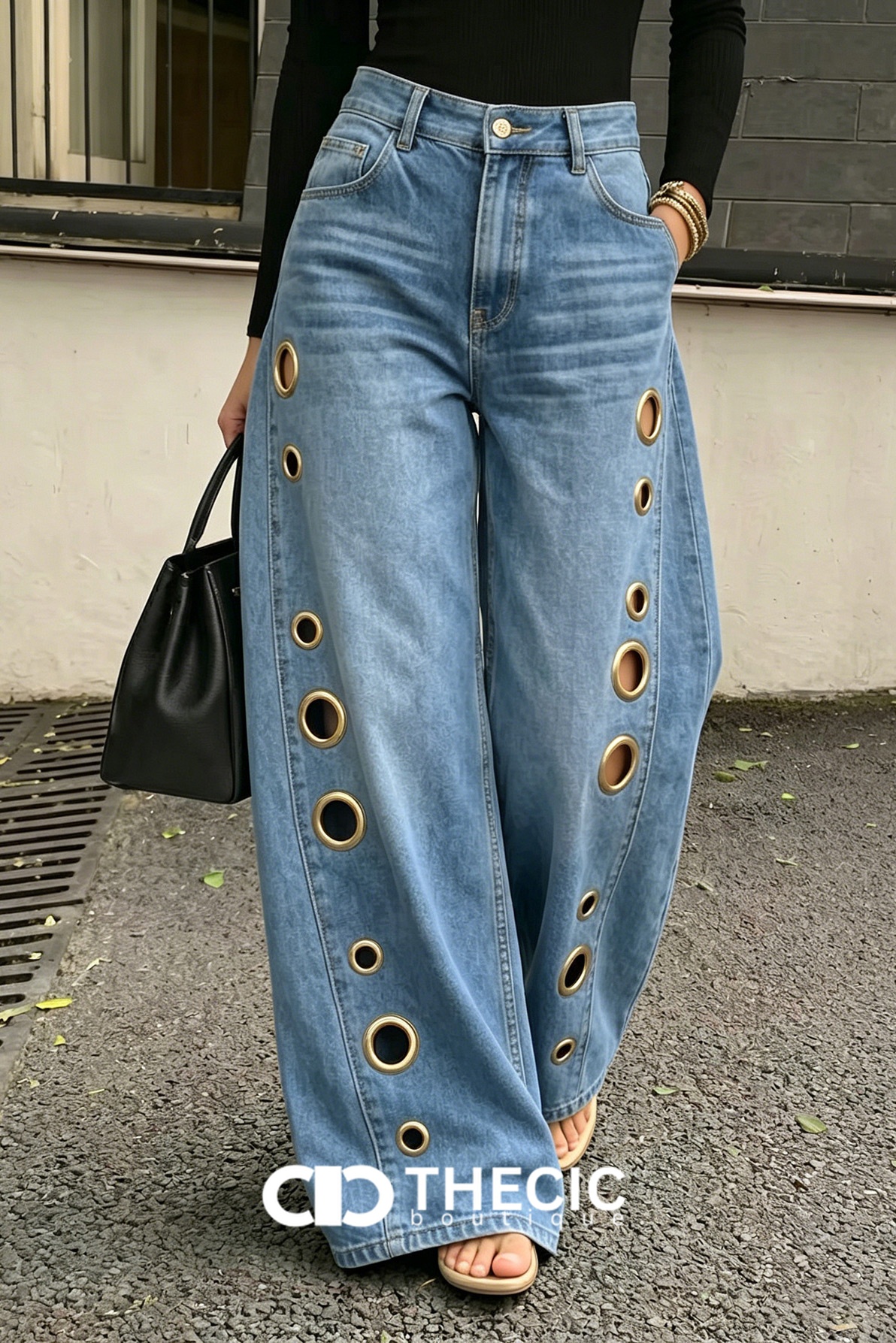 Grommet Embellished Wide-Leg Denim Pants