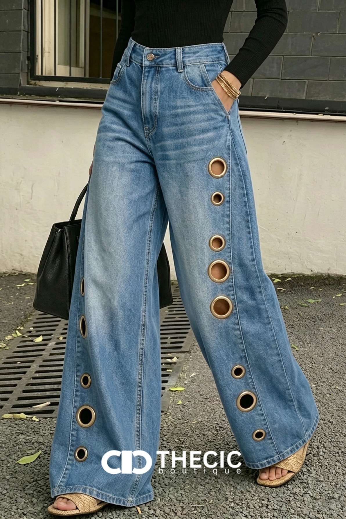 Grommet Embellished Wide-Leg Denim Pants