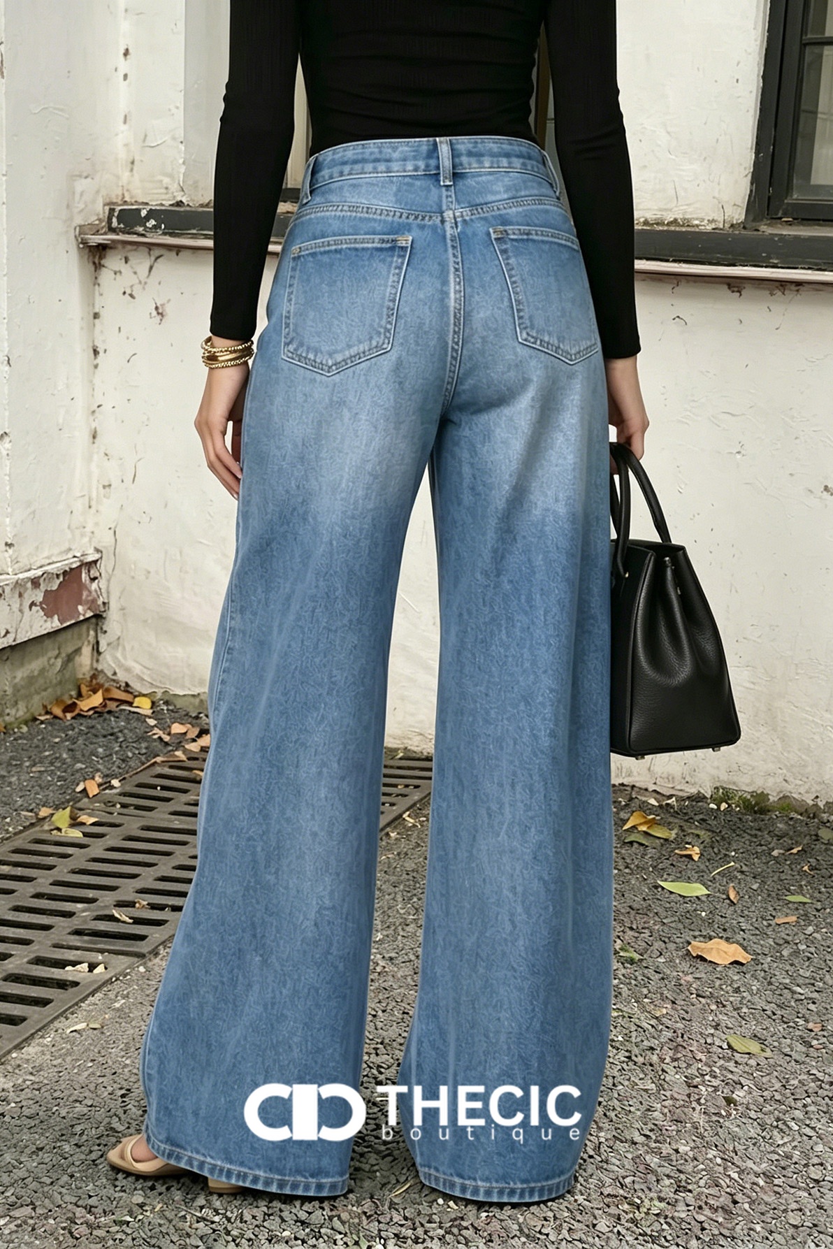 Grommet Embellished Wide-Leg Denim Pants