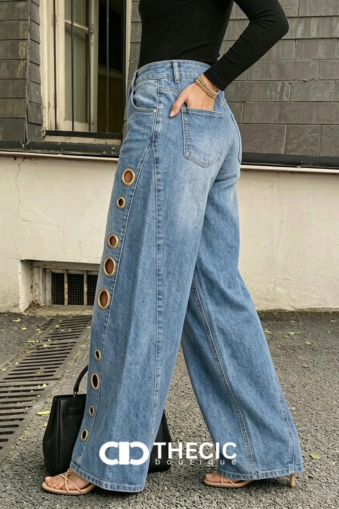 Grommet Embellished Wide-Leg Denim Pants