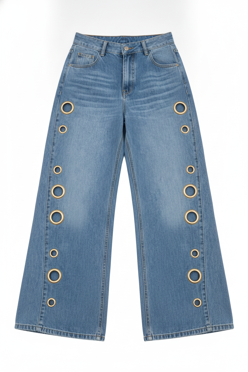 Grommet Embellished Wide-Leg Denim Pants