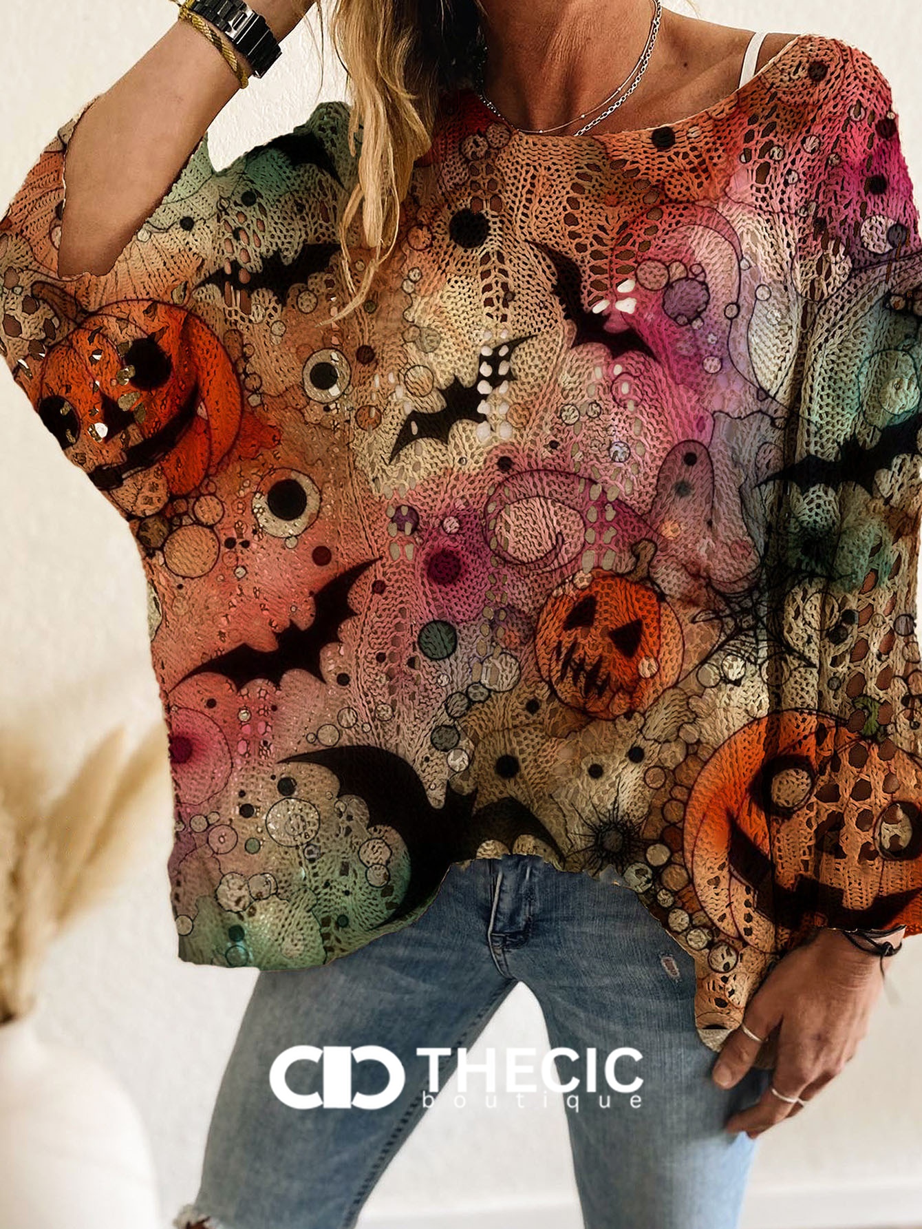 Halloween Print Crochet Knit Batwing Sweater