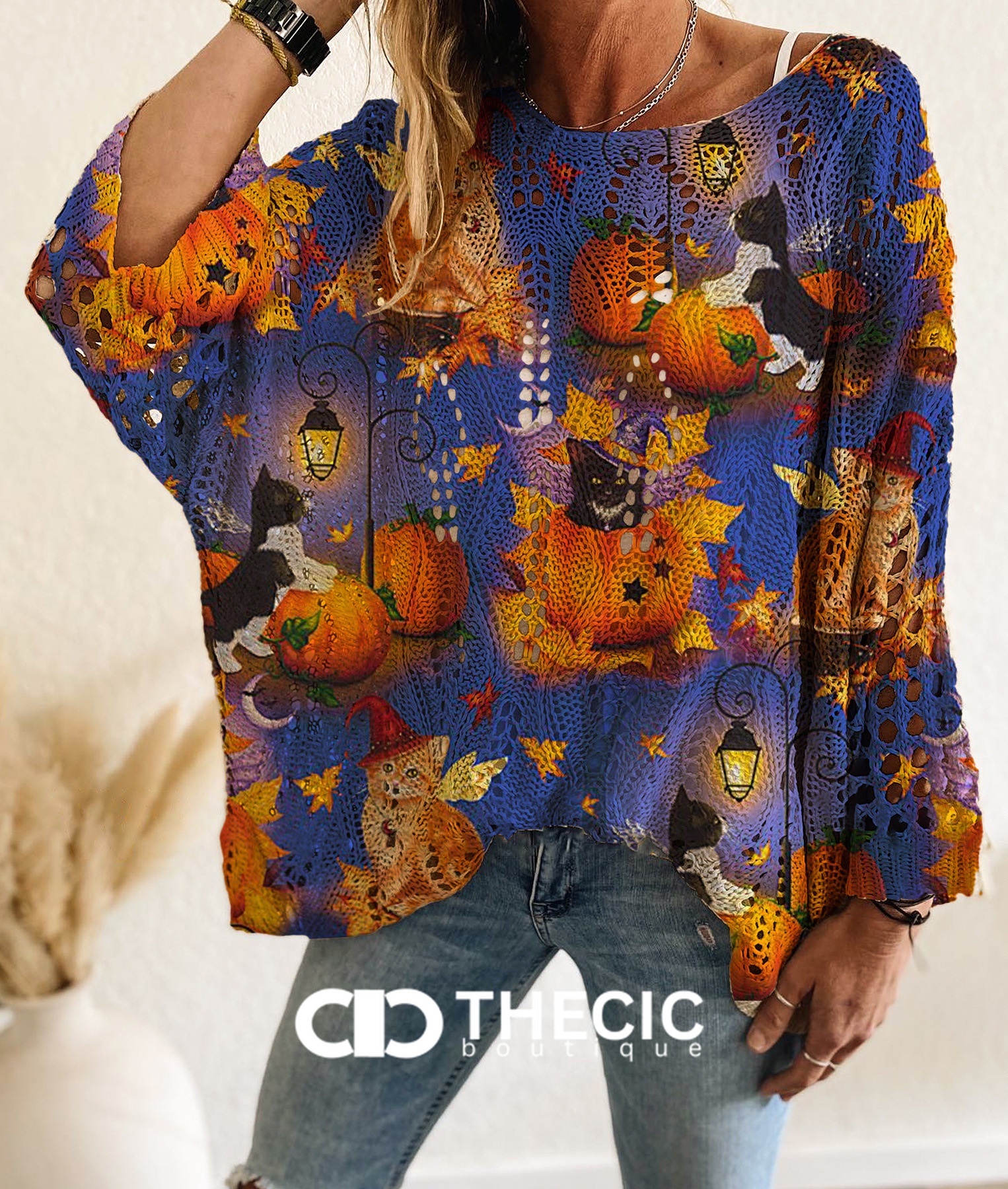 Halloween Print Crochet Knit Batwing Sweater