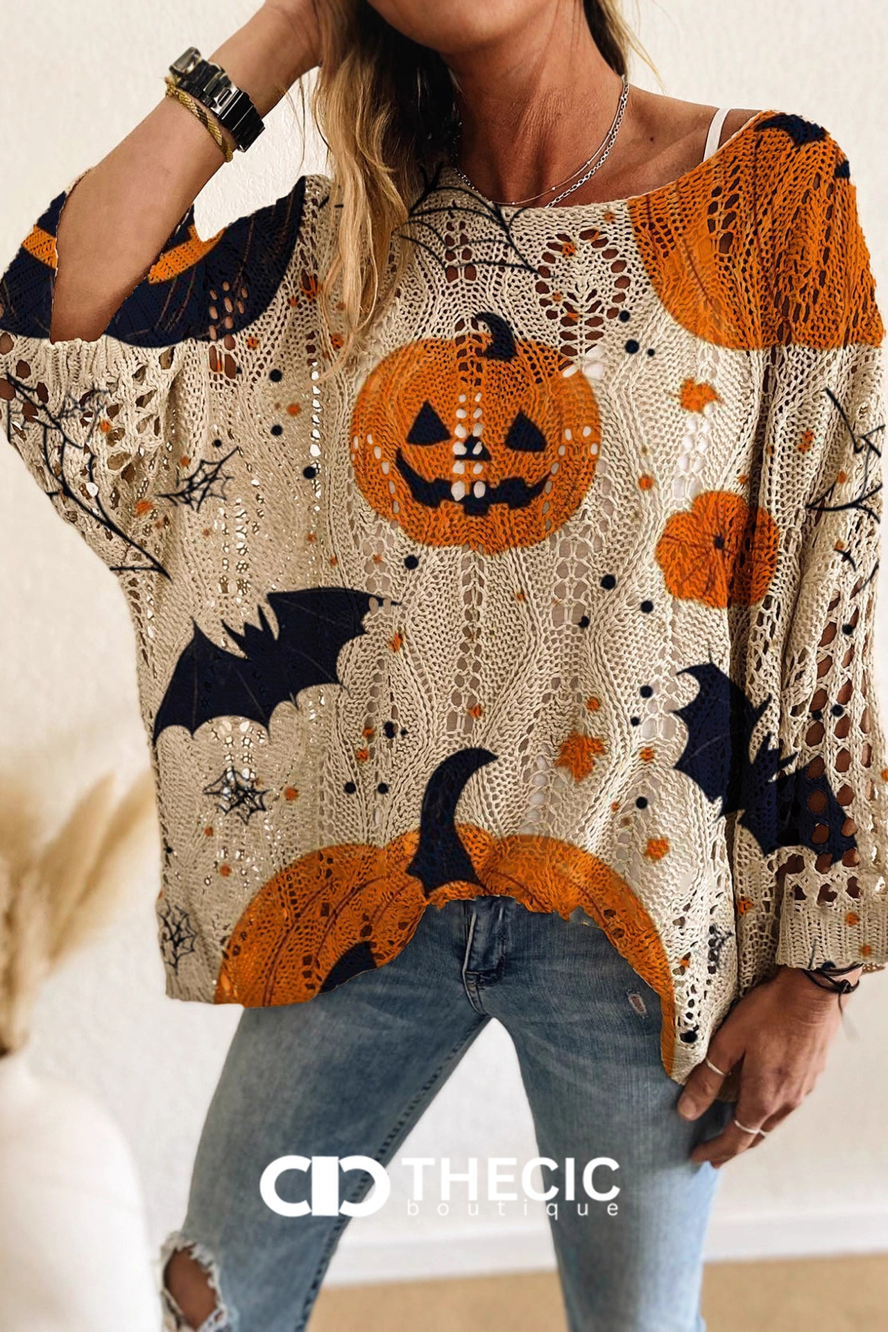 Halloween Print Crochet Knit Batwing Sweater