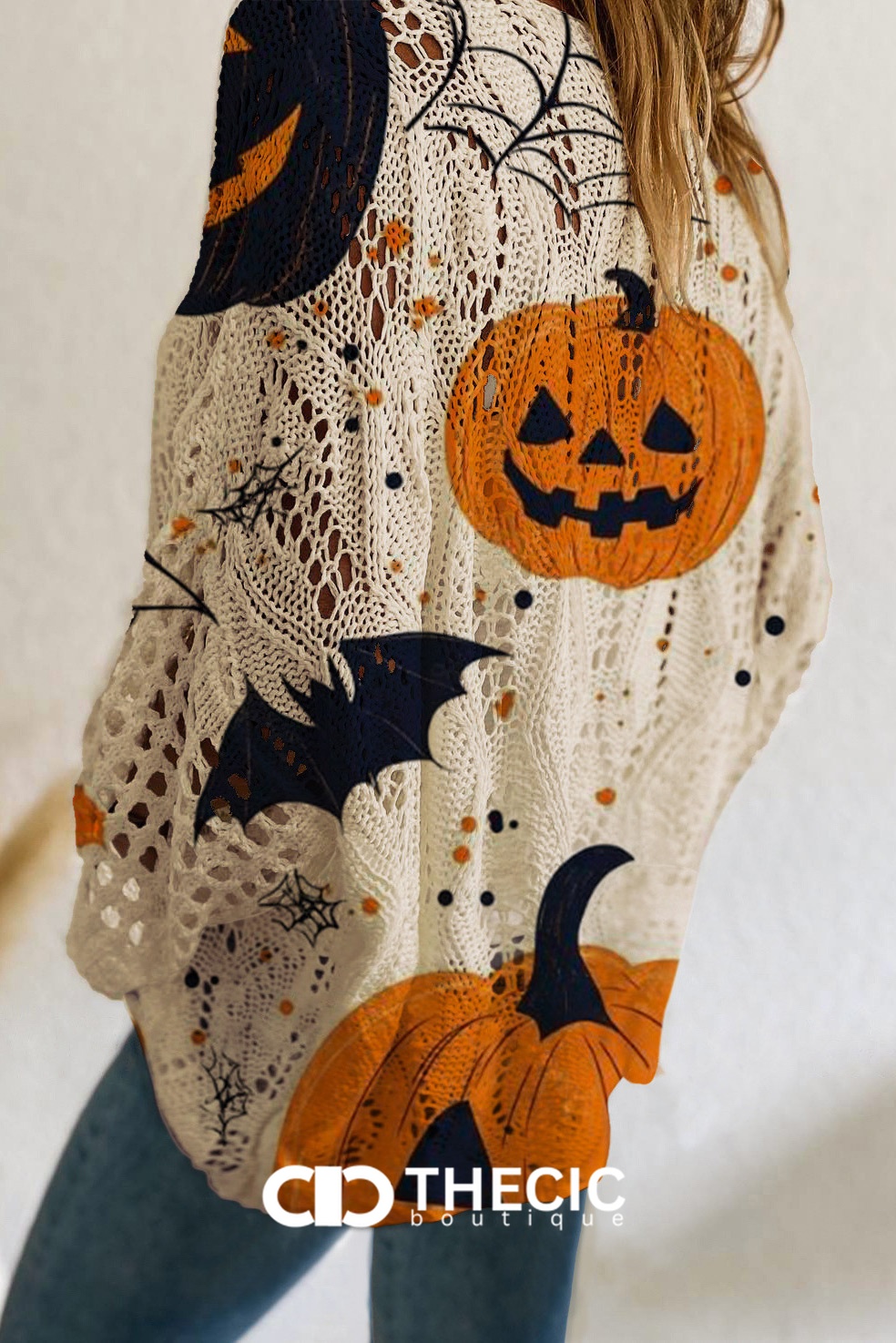 Halloween Print Crochet Knit Batwing Sweater
