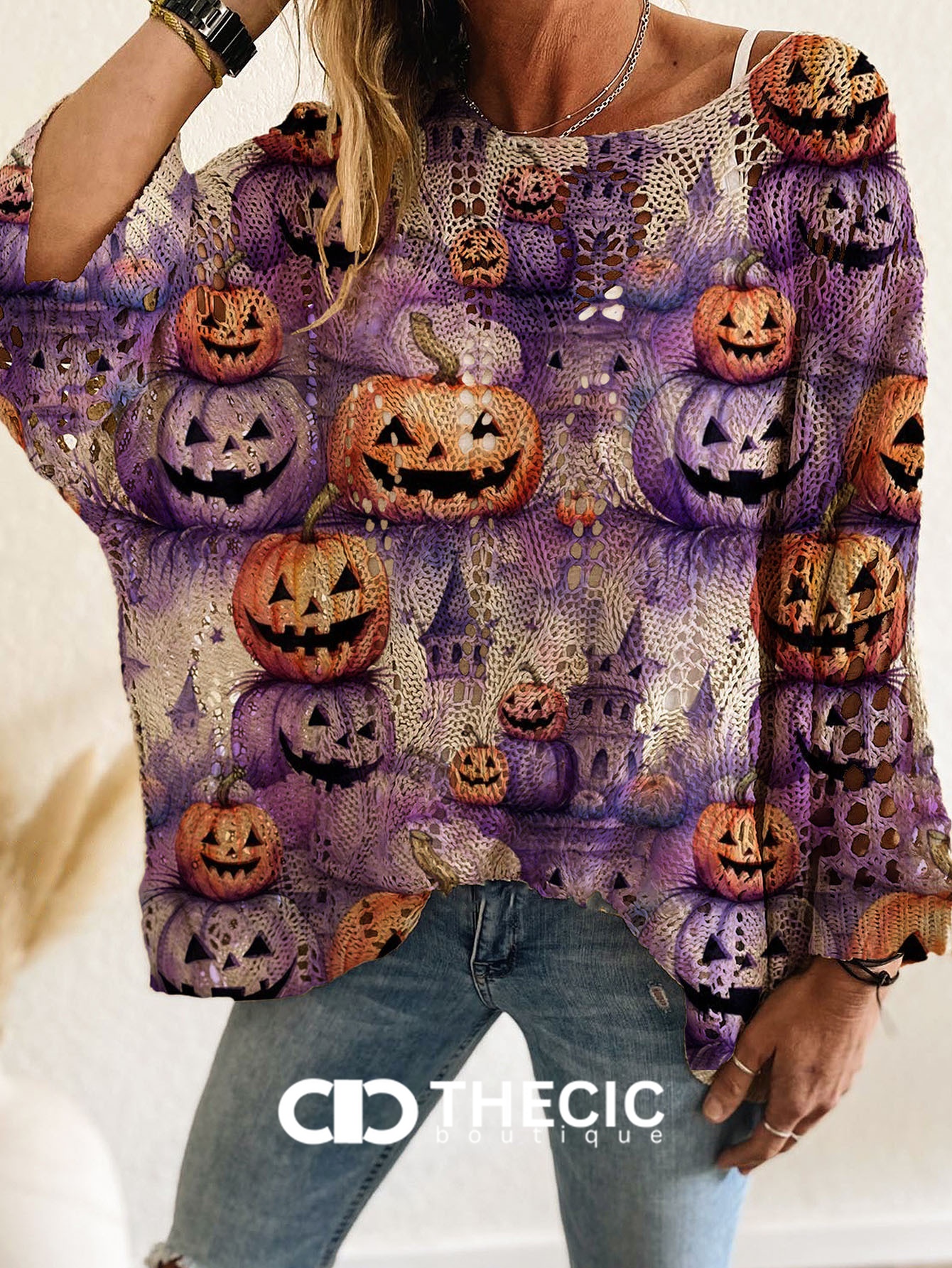 Halloween Print Crochet Knit Batwing Sweater