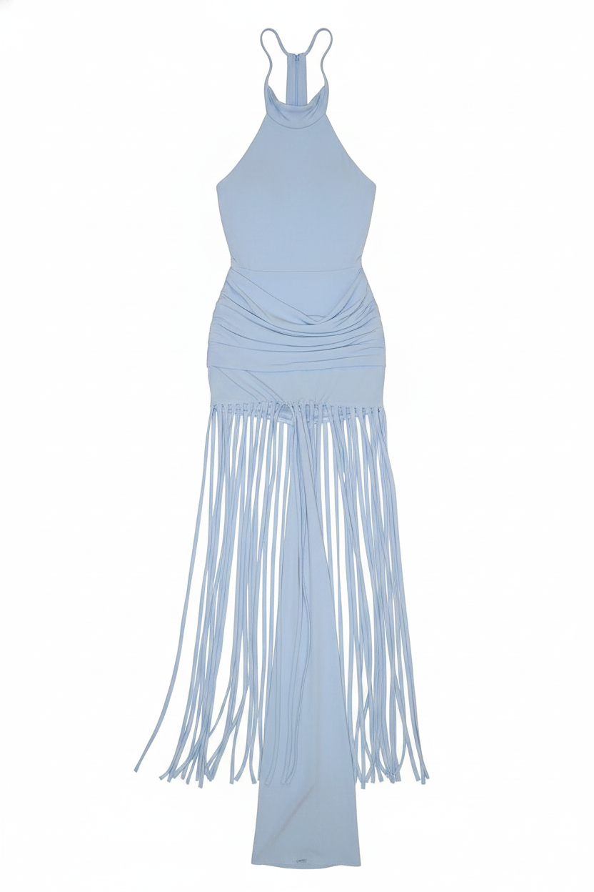Halter Backless Ruched Fringe Maxi Dress