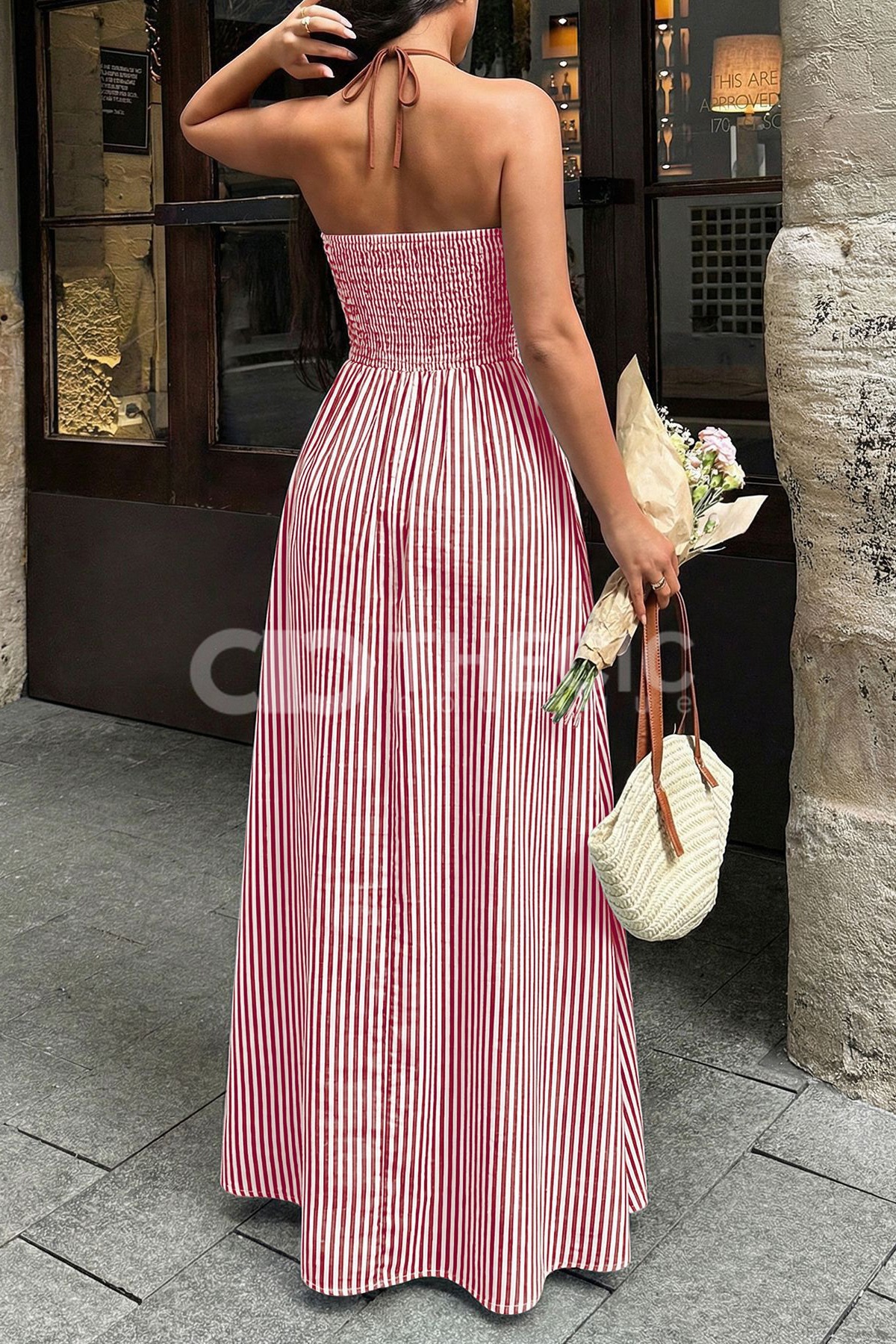 Halter Deep V Striped Smocked Maxi Dress