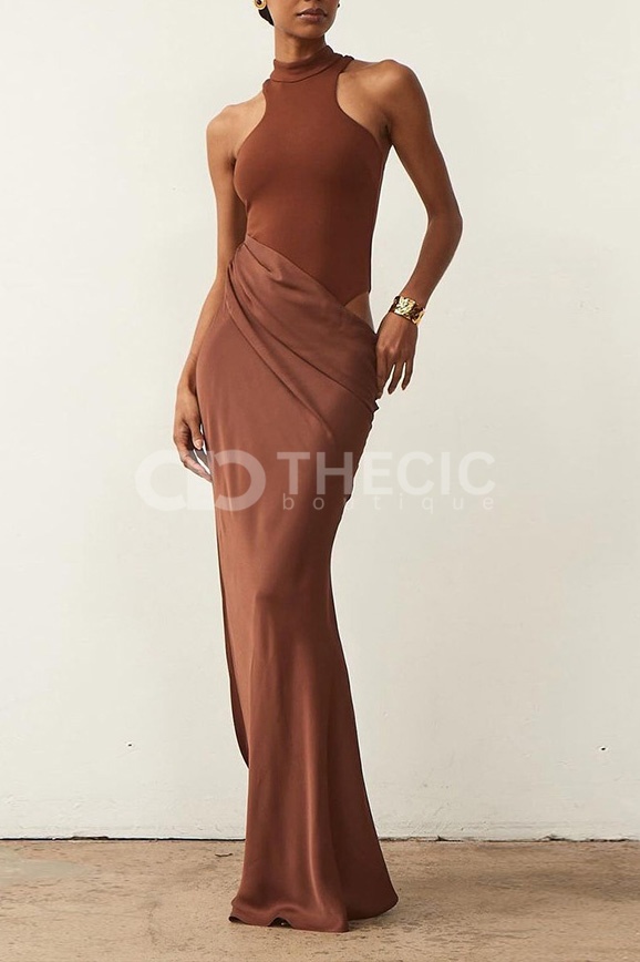 Halter Neck Draped Bodysuit Maxi Dress