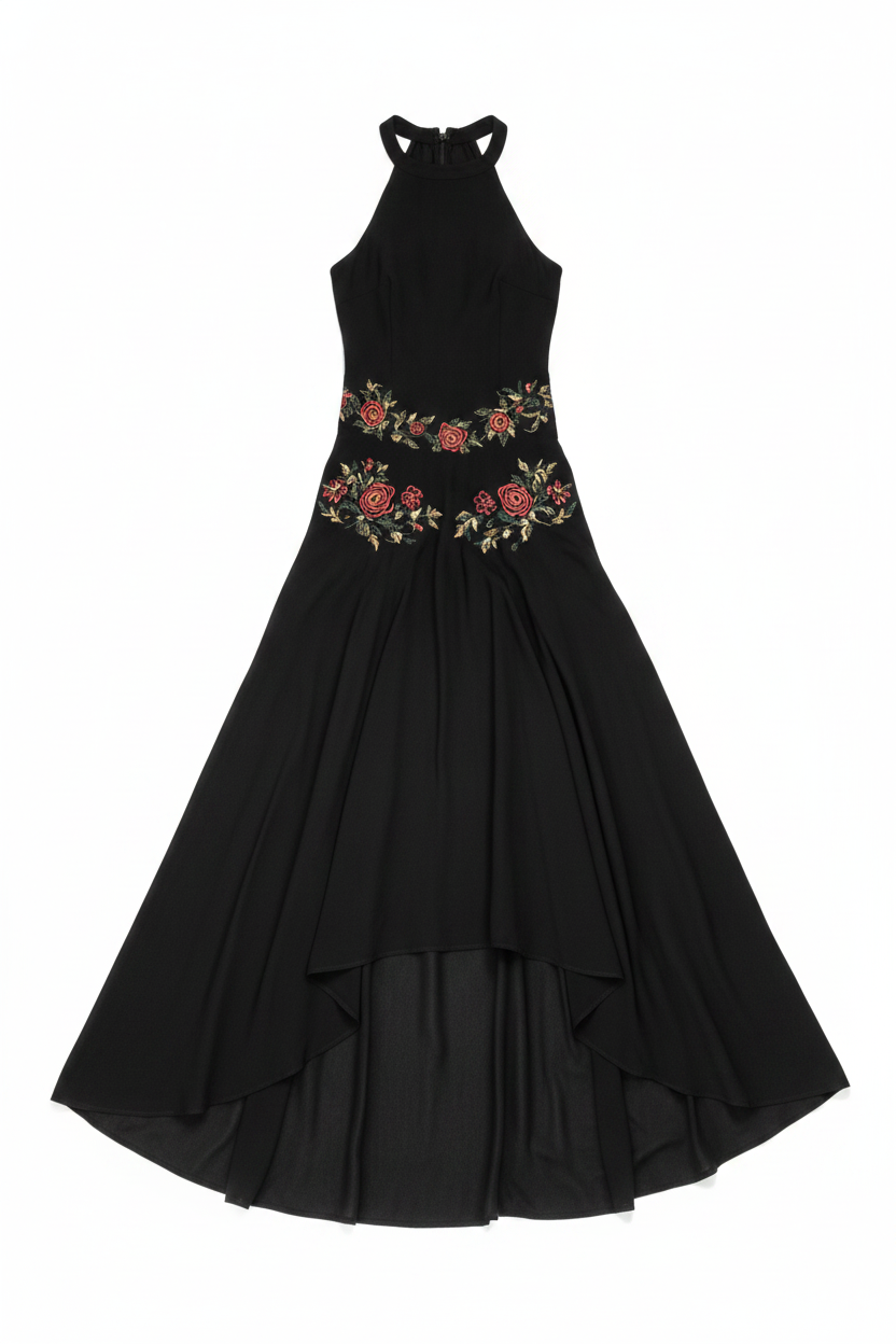 Halter-Neck Rose Embroidered Flowy Maxi Dress