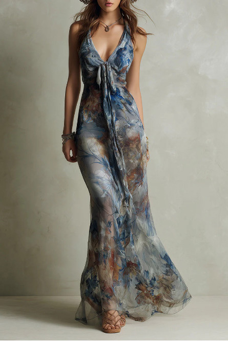 Halter Neck Tie Front Floral Maxi Dress