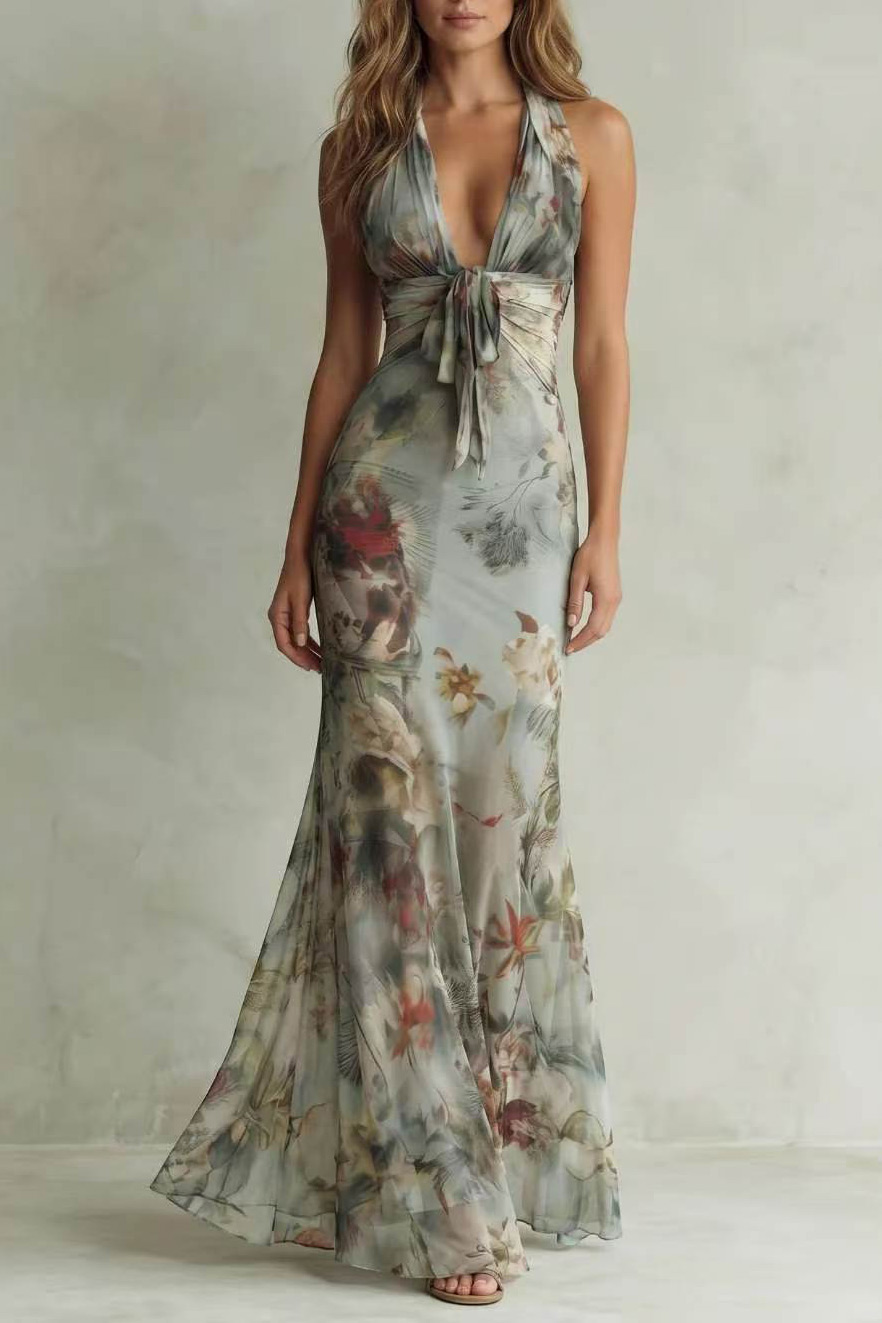 Halter Neck Tie Front Floral Maxi Dress