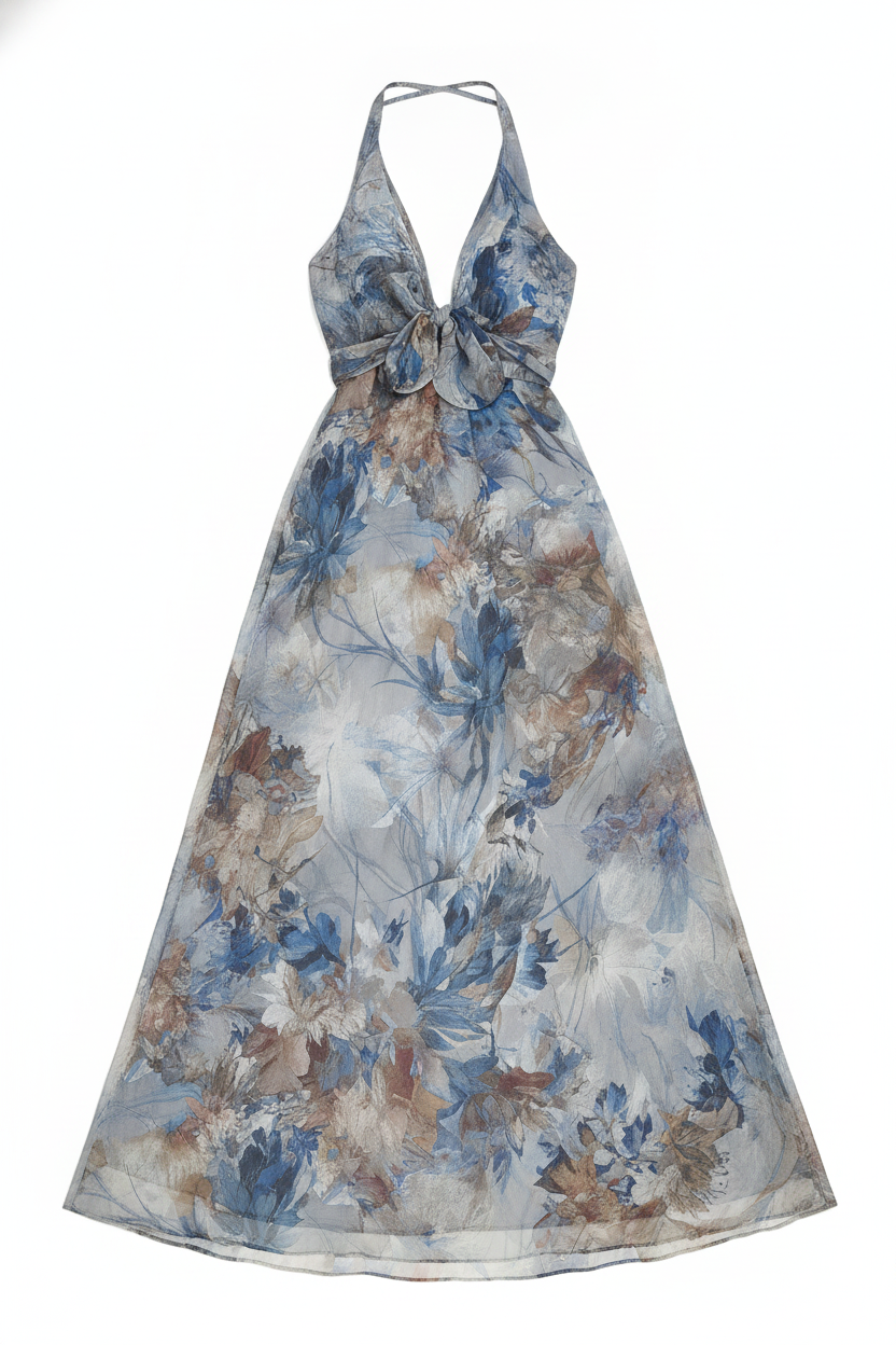 Halter Neck Tie Front Floral Maxi Dress