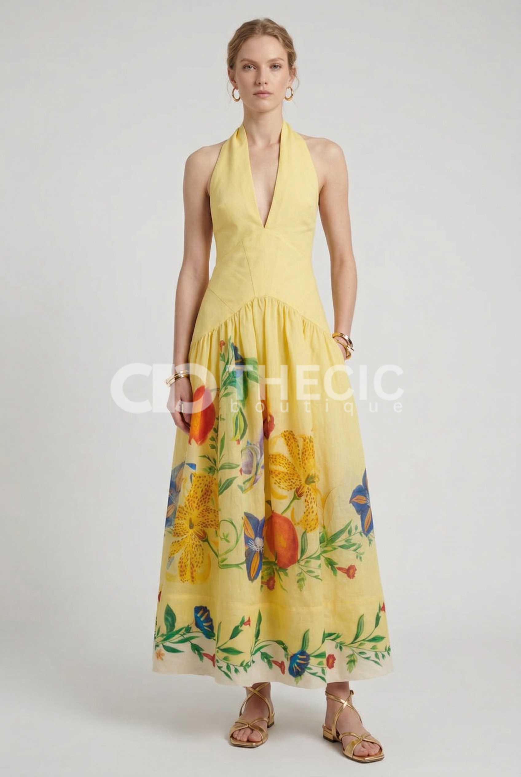 Halter V-Neck Open Back Floral Print Maxi Dress