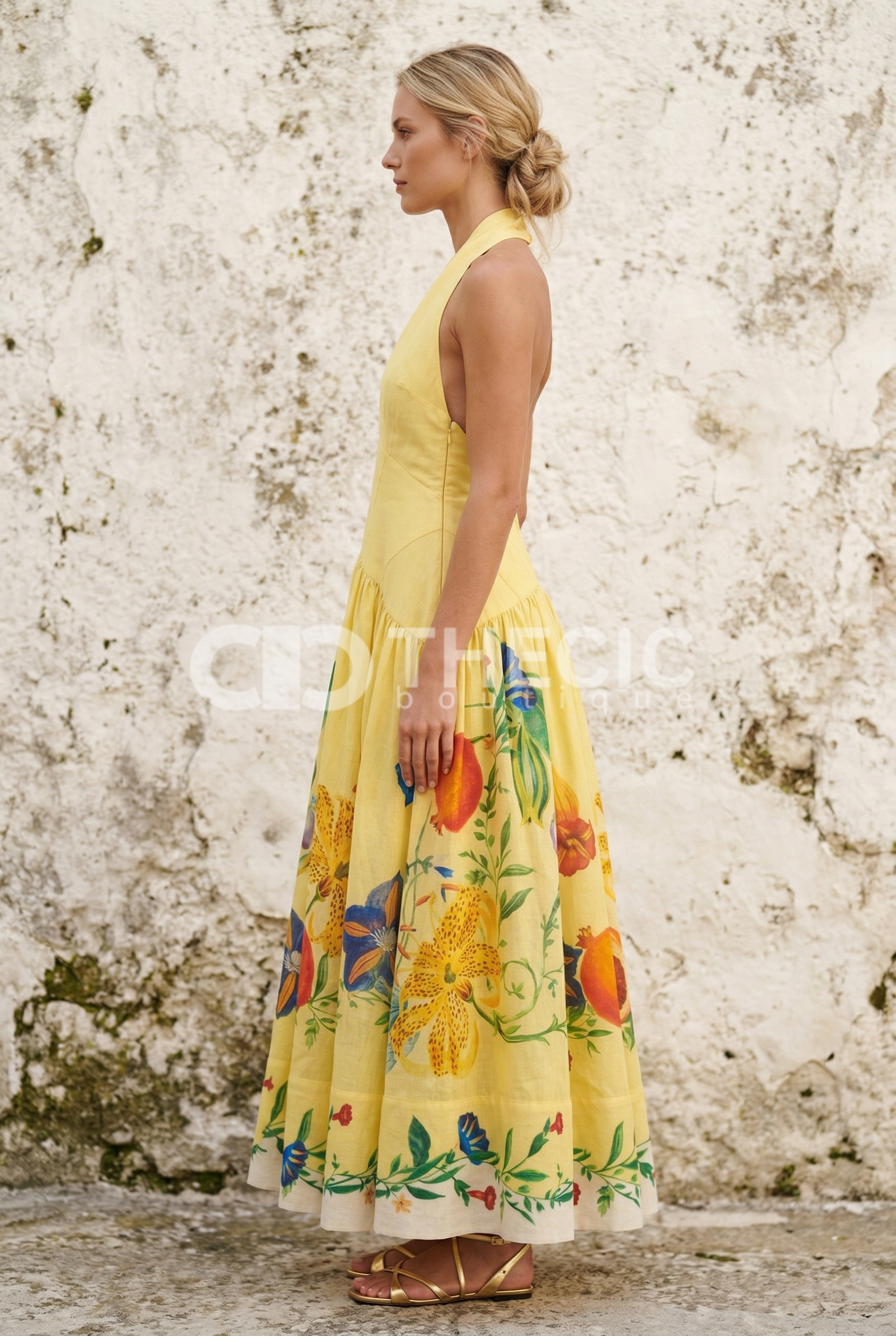 Halter V-Neck Open Back Floral Print Maxi Dress