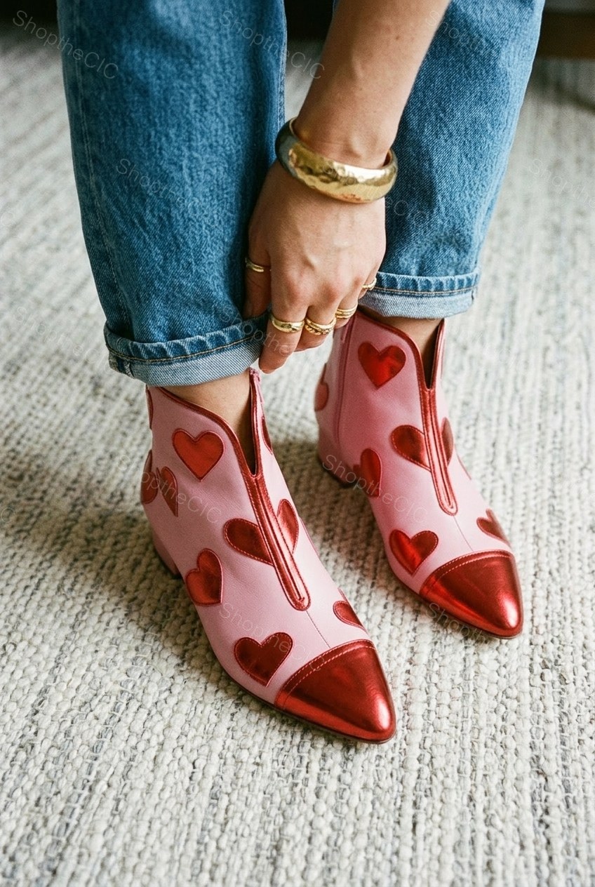 Heart Applique Metallic Cap Toe Pointed Ankle Boots