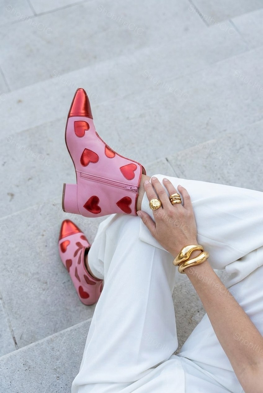 Heart Applique Metallic Cap Toe Pointed Ankle Boots