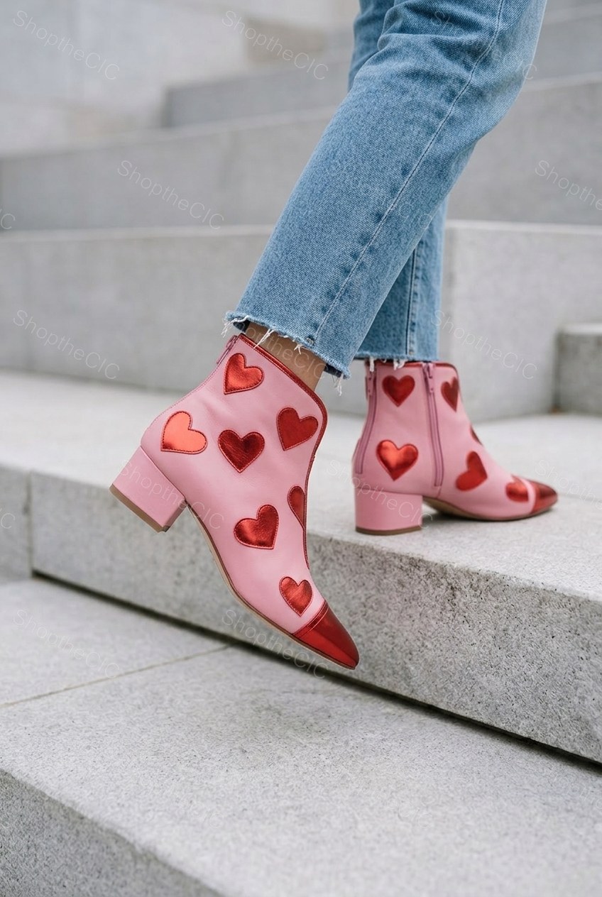 Heart Applique Metallic Cap Toe Pointed Ankle Boots