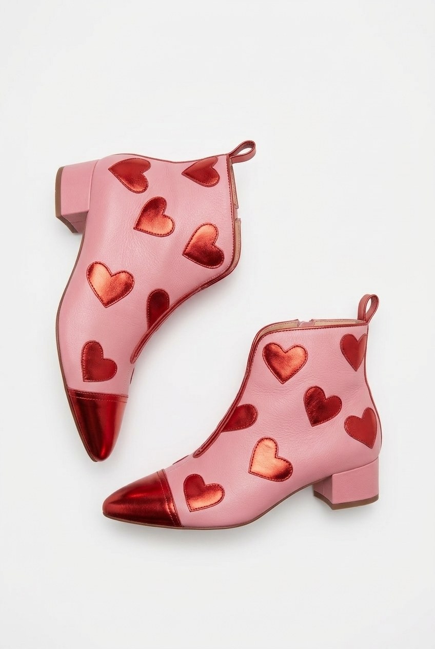 Heart Applique Metallic Cap Toe Pointed Ankle Boots