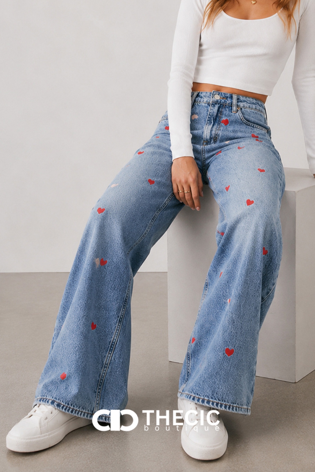 Heart Embroidered Wide-Leg Denim Jeans