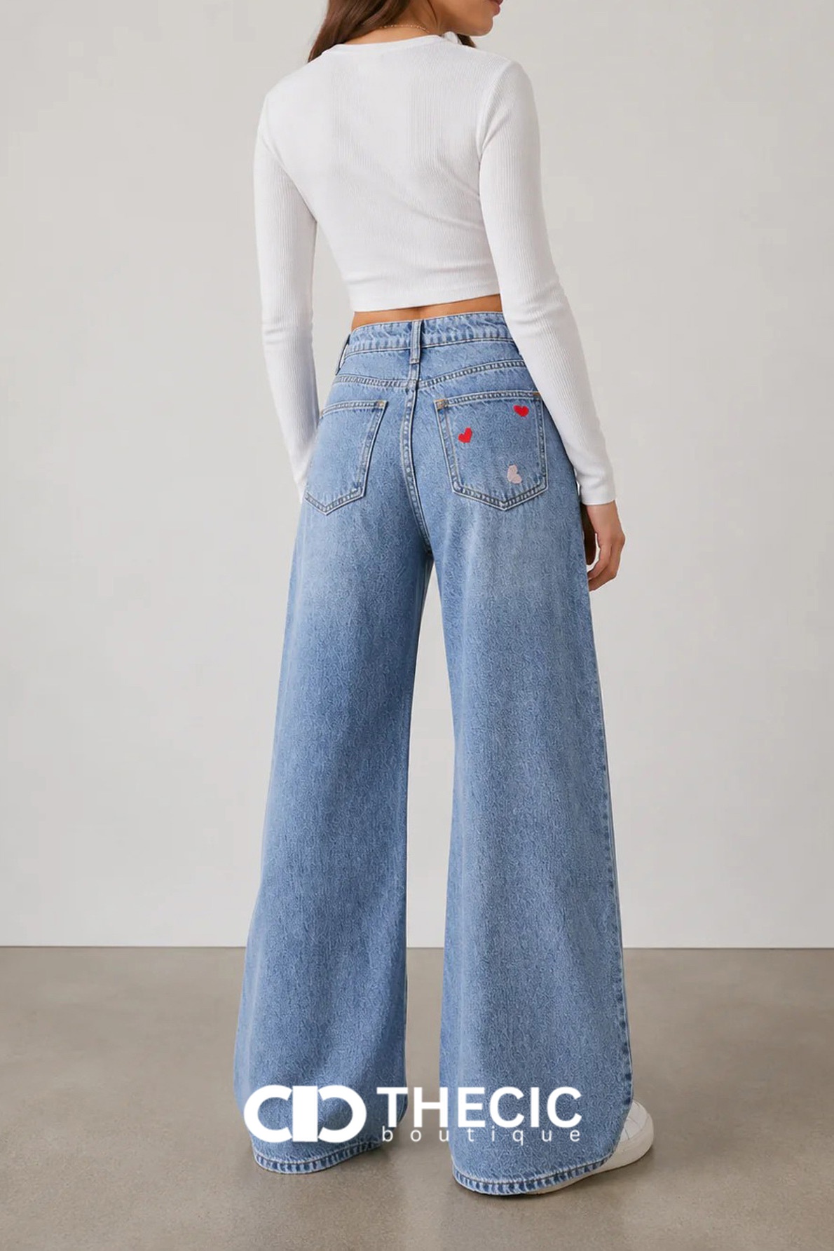 Heart Embroidered Wide-Leg Denim Jeans