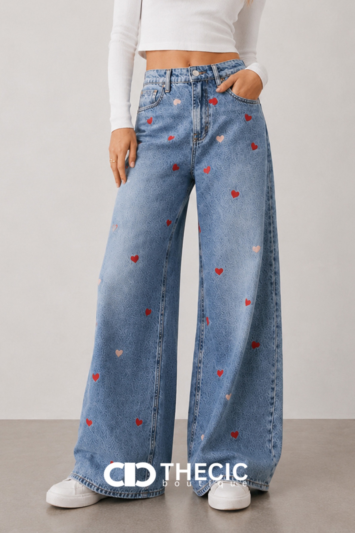 Heart Embroidered Wide-Leg Denim Jeans